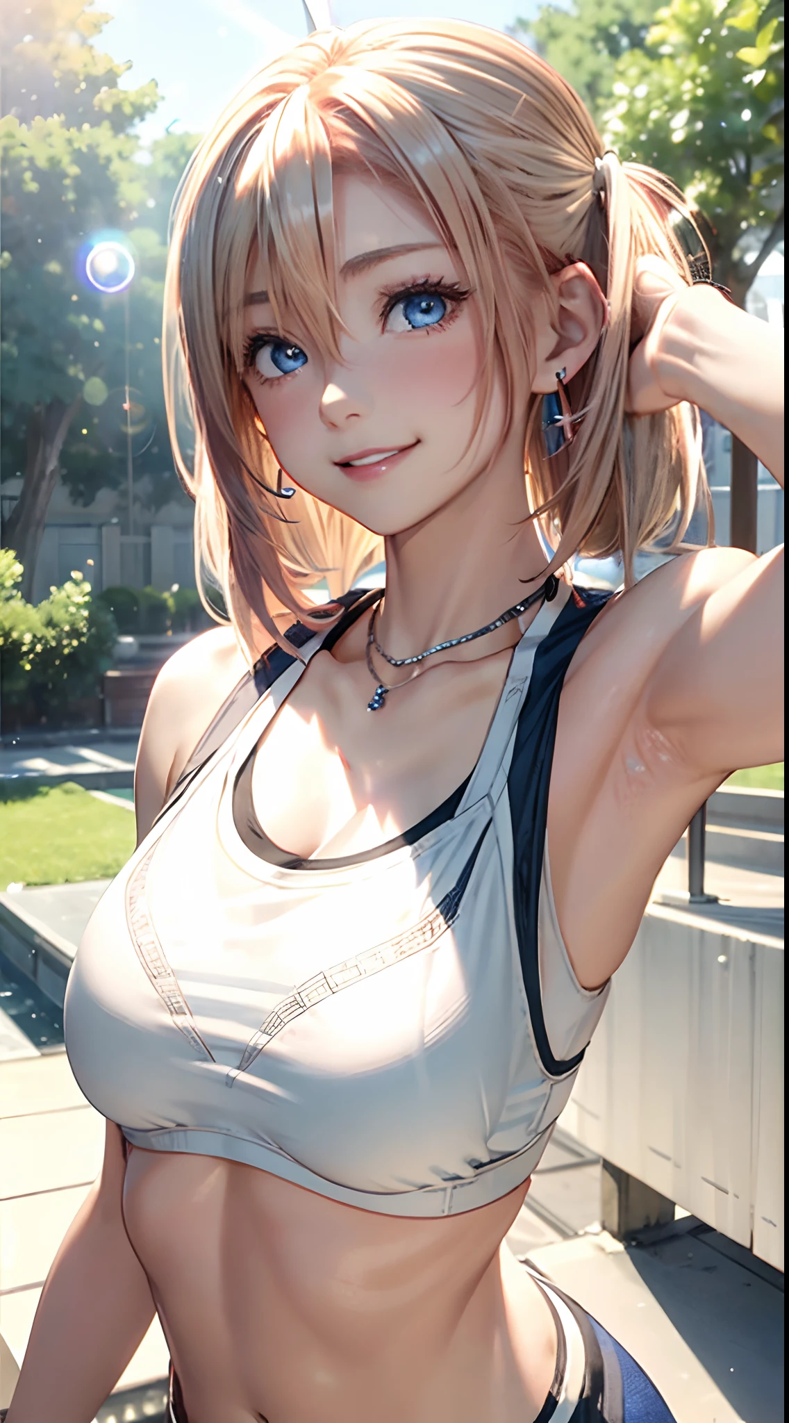 of the highest quality、masutepiece、ultra-detailliert、1womanl、Solo、25-years old、(Upper body)、(underboob:1.5)、(whiteshirt lift:1.3)、(Lens Flare:1.4)、(Funny smile 1.5),red blush、(Platinum blonde short hair:1.4)、(low twintails:1.4)、Shiny hair、medium breasts⁩、(Deep Blue Eyes:1.4)、grass field、Small necklace、Small earrings、(Sportsbra:1.5)
