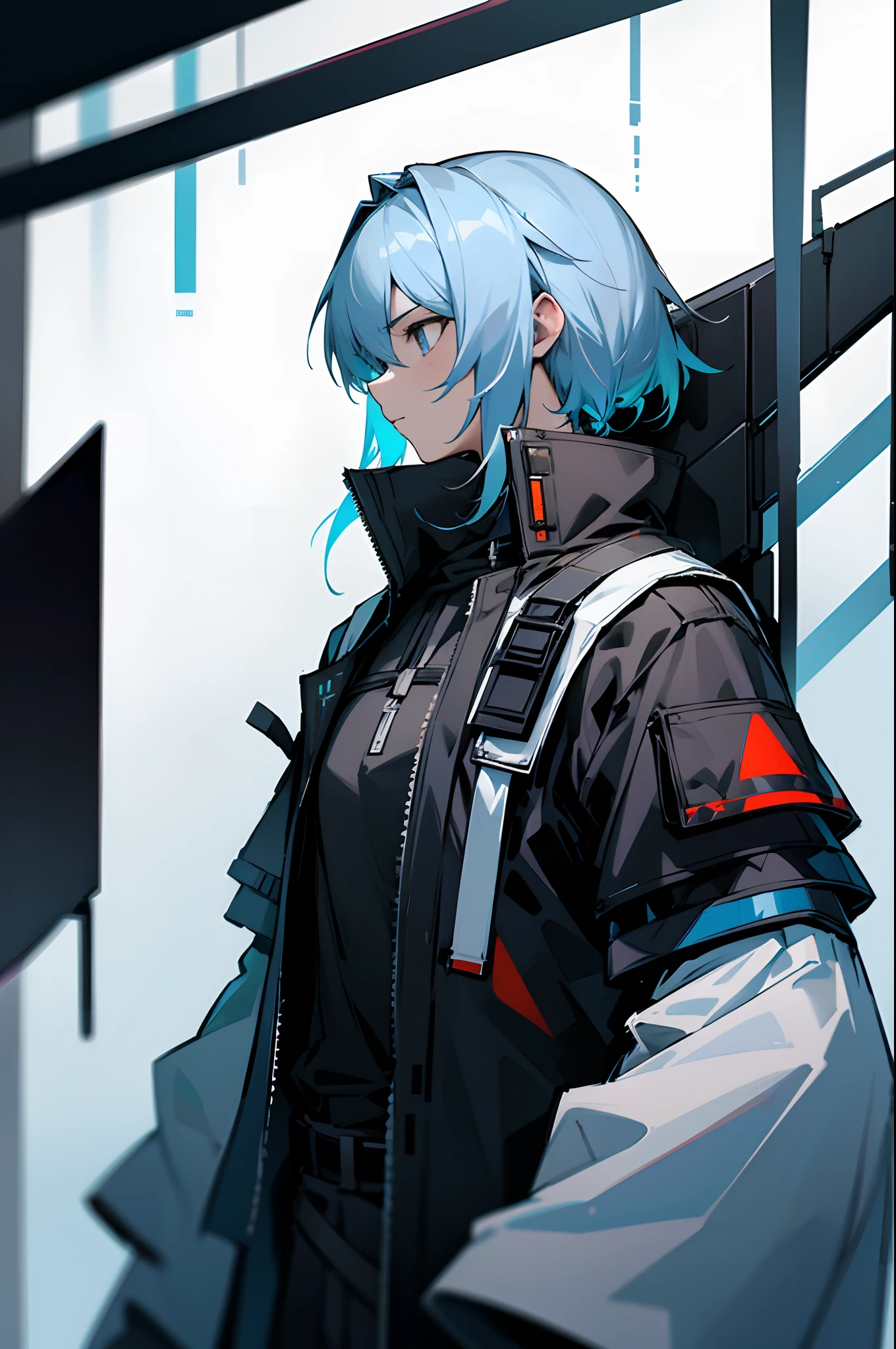 male in a post apoclytic world world. cool attire, cool clothes. upper body view, upclose, Arknights style.