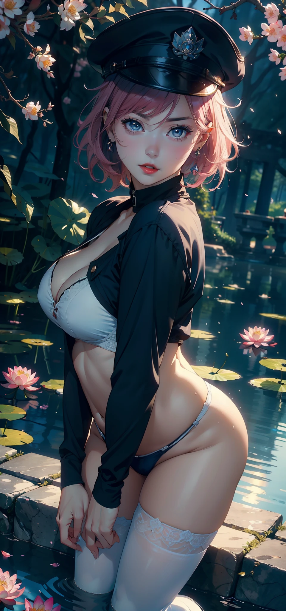 1female,45 yers old,Married Woman,熟妇,plumw,extremely large bosom, 独奏,(Background with:ponds,Cherry blossom forest,lotus flower)Lie underwater, She has short pink hair,seen from the front,, mostly cloudy sky,(((tmasterpiece),(Very detailed CG unity 8K wallpaper),best qualtiy,cinmatic lighting,detailed back ground,beatiful detailed eyes,Bright pupils,Black eyes,Snow-whiteskin,Redlip(Very fine and beautiful),(Beautiful and detailed eye description),ultra - detailed,tmasterpiece,))facing at camera,A high resolution,ultra - detailed),revealing breasts,Bare genitalia, Bulge,legs are open,Raised sexy,Camel toes,Desire for dissatisfaction,frontage,(Wearing:Blue navy uniform,Officer hat,Bare ,white stockings)