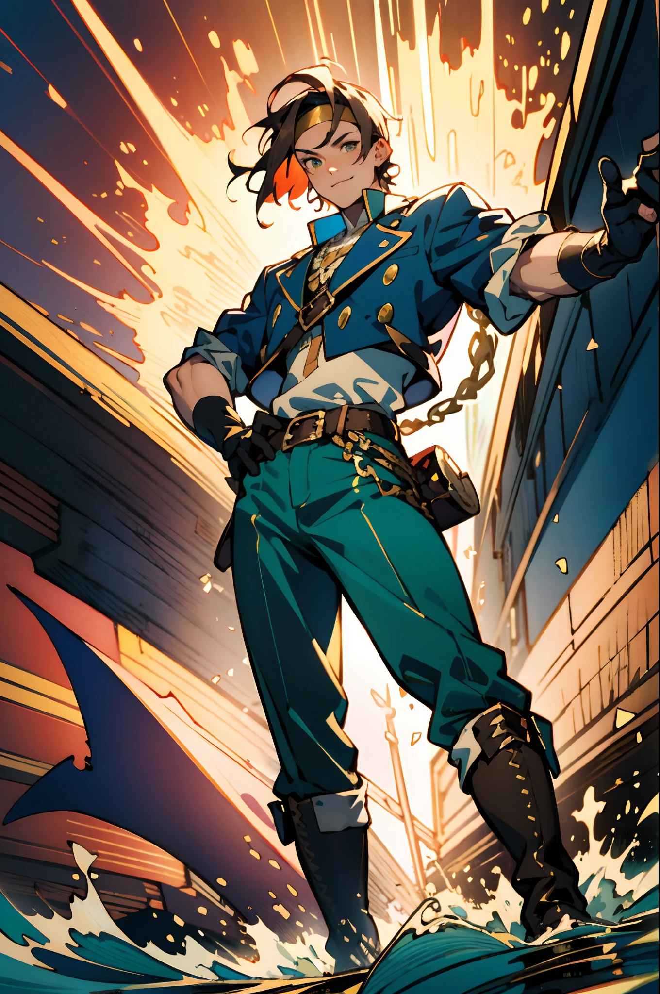 A man with short gray hair, Wearing a brown headband, deep-set eyes, a determined expression, a smiling face, he is dressed in a two-piece fantasy pirate-style leather outfit, flowing lower hem, short sleeves, gloves, a belt around his waist, coarse fabric trousers, long leather boots, the color scheme includes yellow and light blue and black and red, he has a tall stature, stands with his right hand on his hip, exuding confidence, in the background showcases the raging sea with towering waves, in the distance a thriving city can be seen, this character embodies a finely crafted fantasy-style pirate in anime style, characterized by an exquisite and mature manga illustration art style, high definition, best quality, highres, ultra-detailed, ultra-fine painting, extremely delicate, professional, anatomically correct, symmetrical face, extremely detailed eyes and face, high quality eyes, creativity, RAW photo, UHD, 8k, Natural light, cinematic lighting, masterpiece:1.5