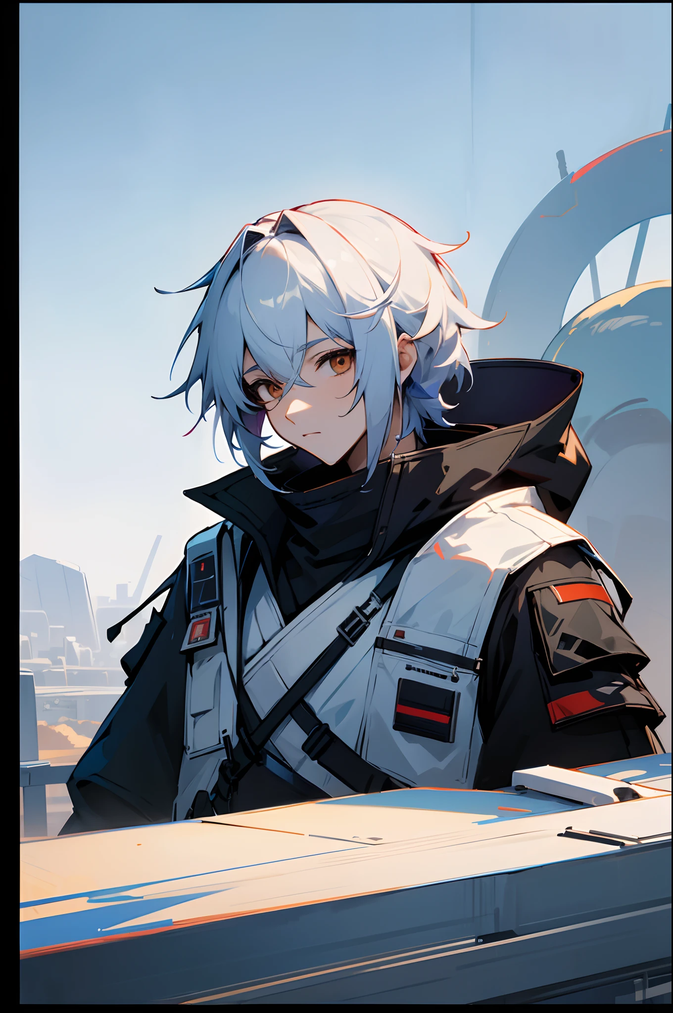 male in a post apoclytic world world. cool attire, cool clothes. upper body view, upclose, Arknights style.