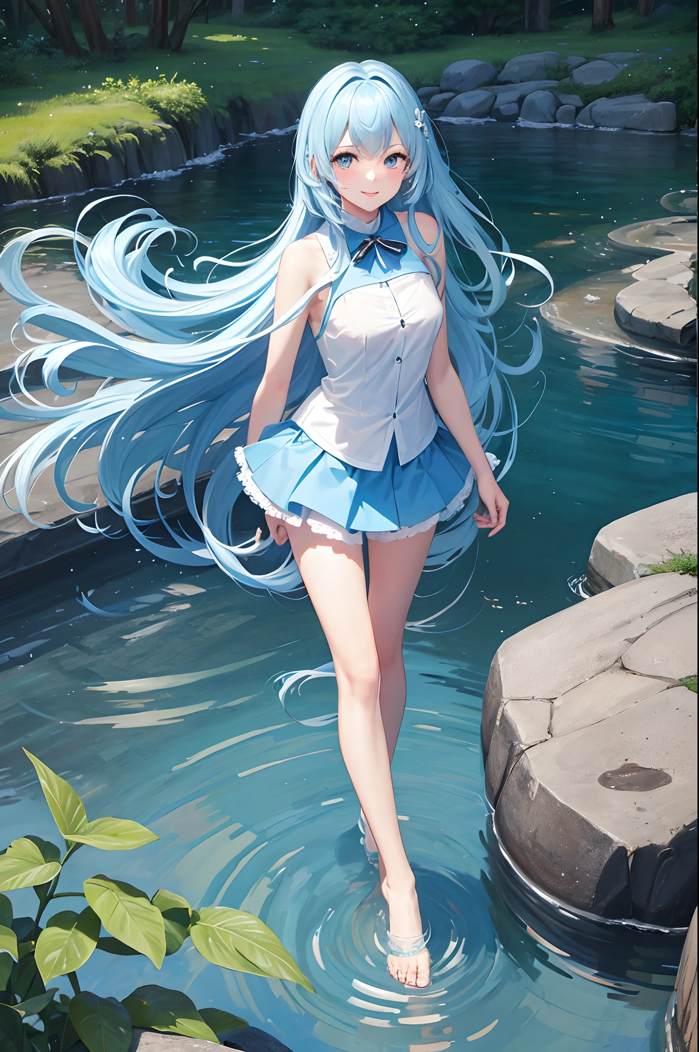 In the creek, bank, blue-sky, baiyun, one girls, Charming smile standing, bent over, Wear a white tulle skirt, Bare legged, soak legs in water, (long legged:1.4), fluffy hair, Blue color hair, Long hair, Twin-tailed、aqua eyes, reflective light, Motion Blur, depth of fields, the panorama, nffsw, masutepiece, high details, Best Quality