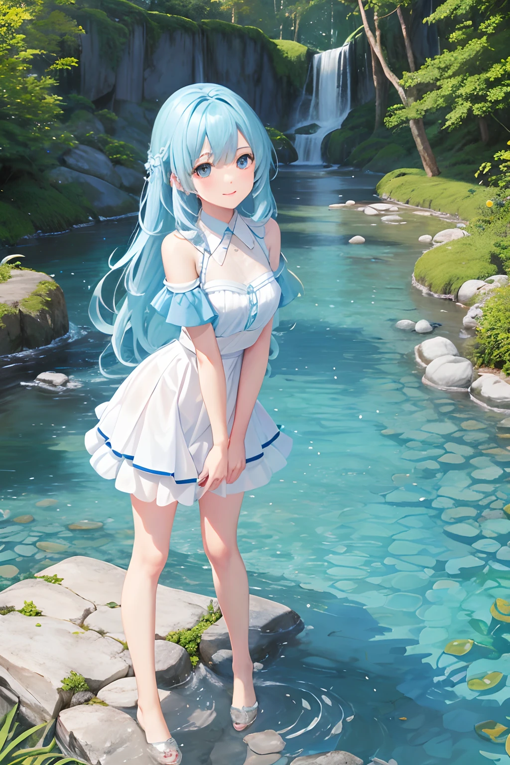 In the creek, bank, blue-sky, baiyun, one girls, Charming smile standing, bent over, Wear a white tulle skirt, Bare legged, soak legs in water, (long legged:1.4), fluffy hair, Blue color hair, Long hair, aqua eyes, reflective light, Motion Blur, depth of fields, the panorama, nffsw, masutepiece, high details, Best Quality