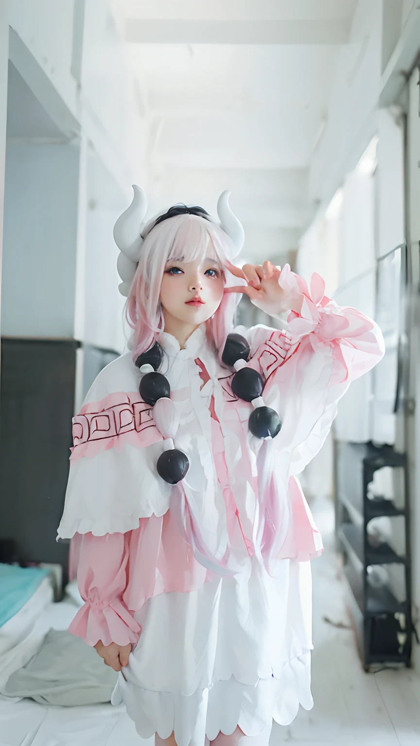 masterpiece, best quality,(8k, RAW photo, best quality, masterpiece:1.39), (realistic, photo-realistic:1.2), Kanna_Kamui, pink and white dress, white hair, gradient hair, bedroom background