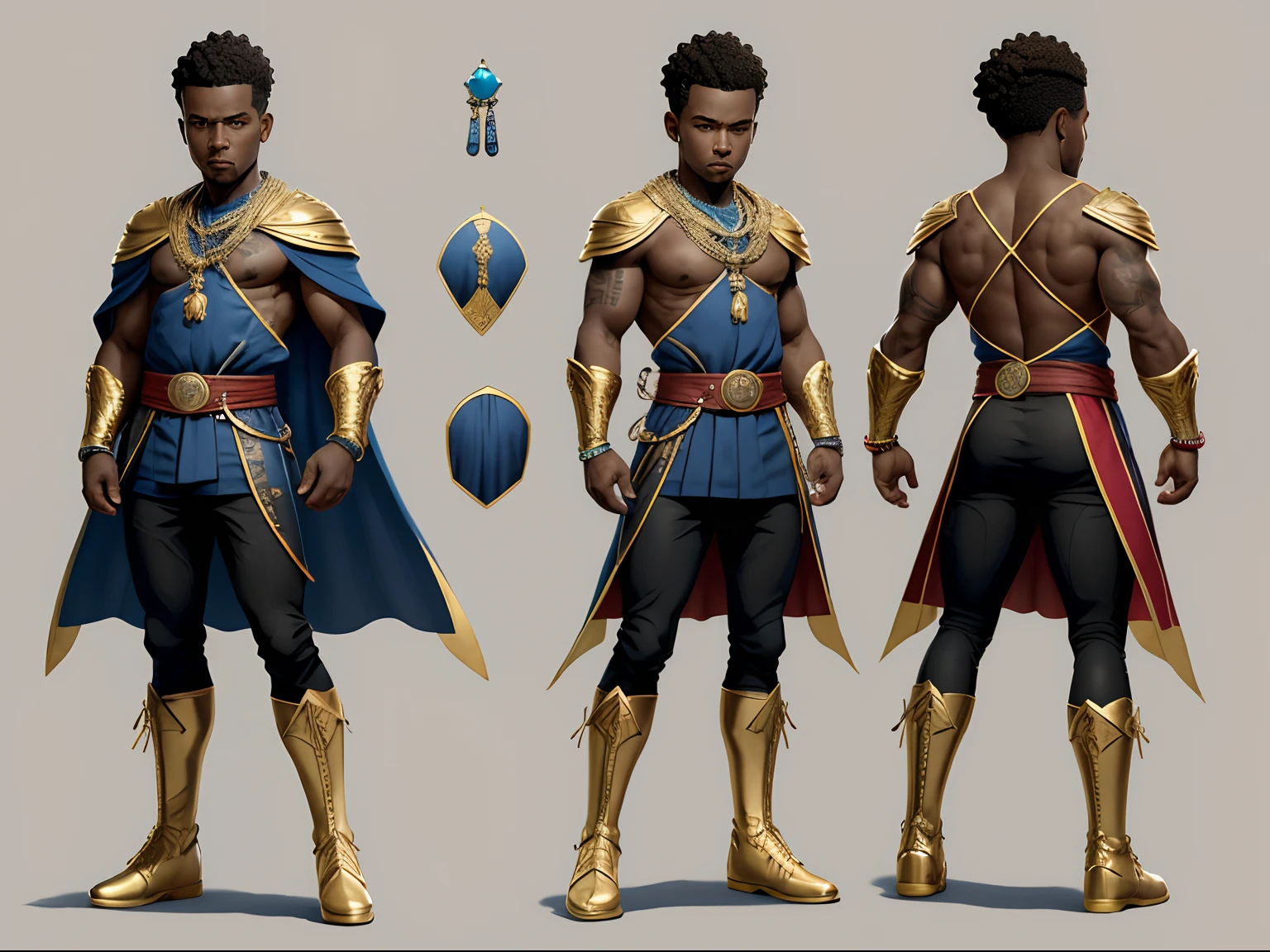 Crie uma imagem masculino idade entre 20, 25, ,de um ninja negro de ,corpo inteiro uma personagem marrons, Diferente, non-miraculous style , ficha de personagem, fundo branco --ar 3:2,, Estilo Art Vista de Corpo Inteiro, plano completo, vista frontal, Vista lateral, vista traseira, de personagem, Multiple views and poses, various points of view, um personagem, corpo inteiro, personagem com menos, estilo de roupa, no mesmo Estilo de cabelo, less Type of footwear, strong full-body vision, plano completo, vista frontal, vista traseira, design de personagem, Multiple views and poses, various points of view, de um personagem, corpo inteiro,, personagem com mesmo, poses de personagem , Depois de um apocalipse no futuro, afro cabelo caindo para frente, Rasta type but braided, corpo inteiro, **Nome do personagem:** Estrela de Cabo Verde **description:** Star of Cape Verde is a hero based on the flag of Cape Verde. His costume incorporates the cores of the flag, com azul profundo representando o oceano, branco simbolizando a paz, red denoting determination and a golden belt with discreet tribal elements that pay homage to Cape Verdean culture. **allure:** - Cores: azul profundo (topo), Branco (peito), vermelho (mangas e pernas) e dourado (cinto). - Dez estrelas douradas representam as 10 principais ilhas de Cabo Verde. - Mantenha o mesmo estilo de roupa, Shortcut and practical footwear in all views. **Personalidade:** corajoso, determined and committed to the protection of Cape Verde. Cape Verde's star is a symbol of pride and hope for the Cape Verdean people. **Poderes e Habilidades:** -Poderes