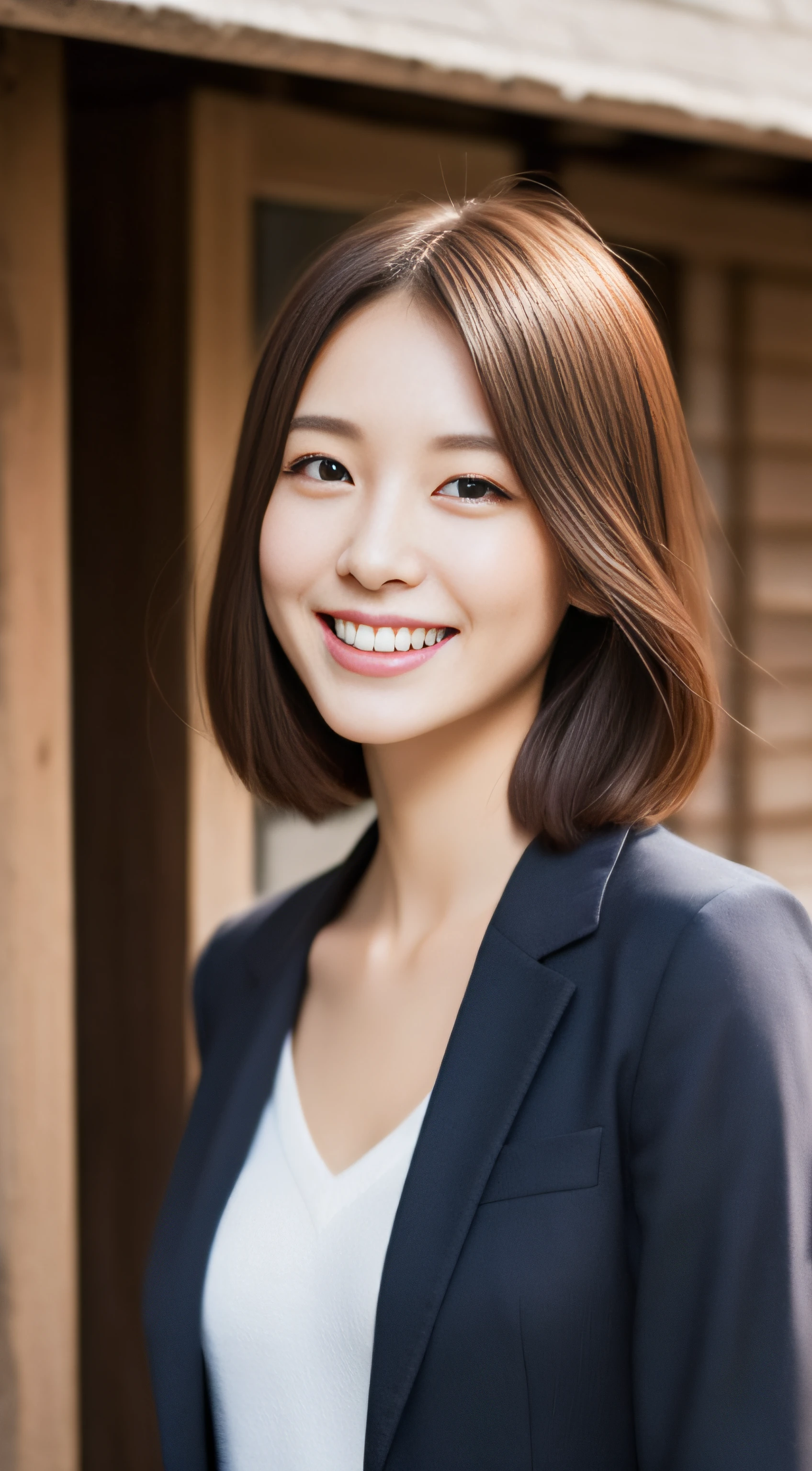 Face is an actress、Clothes are jacket suits、hiquality、A hyper-realistic、healthy、Smiling expression、Slender perfect figure、Japan beauties、beautidful eyes、face perfect、Beautiful skin、background is kyoto