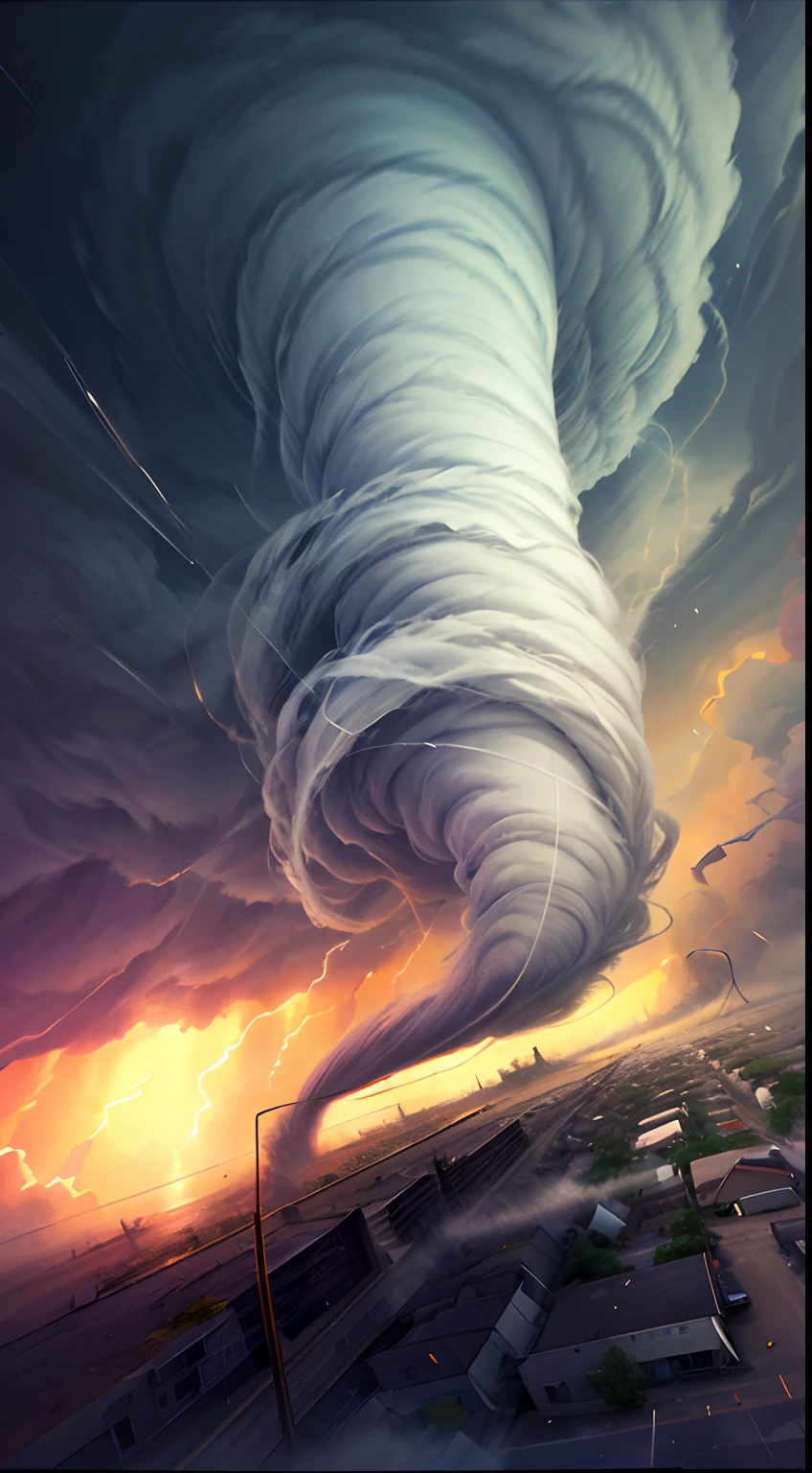 masterpiece, best quality, a tornado in a city, low angle, objects flying, typhoon, hurricane, storm,strong wind, (((whirlwind))), epic, nature,swirl of wind, scary , tragedy, cars flying, destruction, buildings, street, poles, papers flying, wires, ((tornado, hurricane, typhoon, cyclone tropical, storm ,tropical cyclone),BREAK the hurricane is detroying the city,, cloud ,tornado, ,wedge tornado ,stovepipe tornado ,wallcloud rfd