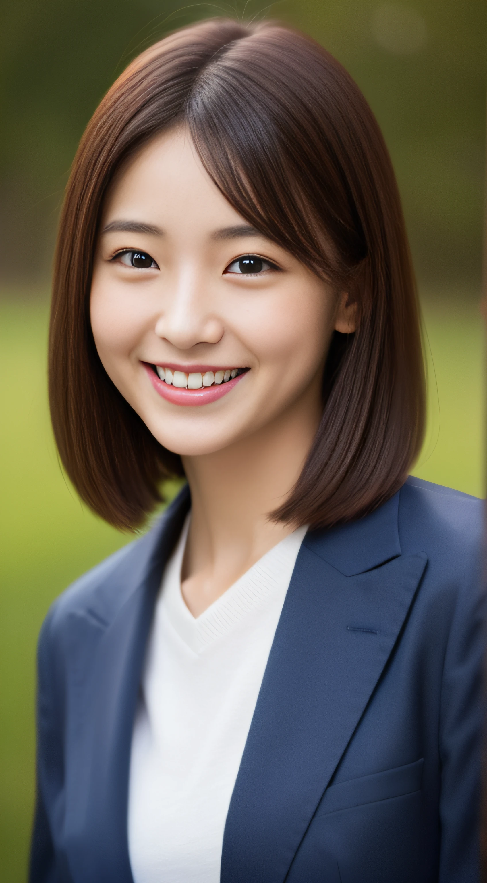 Face is an actress、Clothes are jacket suits、hiquality、A hyper-realistic、healthy、Smiling expression、Slender perfect figure、Japan beauties、beautidful eyes、face perfect、Beautiful skin、background is kyoto