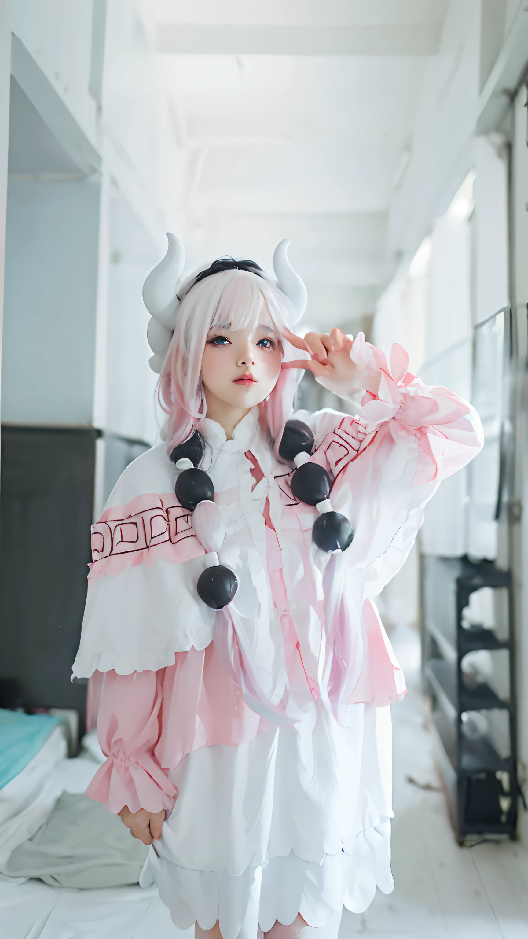 masterpiece, best quality,(8k, RAW photo, best quality, masterpiece:1.39), (realistic, photo-realistic:1.2), Kanna_Kamui, pink and white dress, white hair, gradient hair, bedroom background