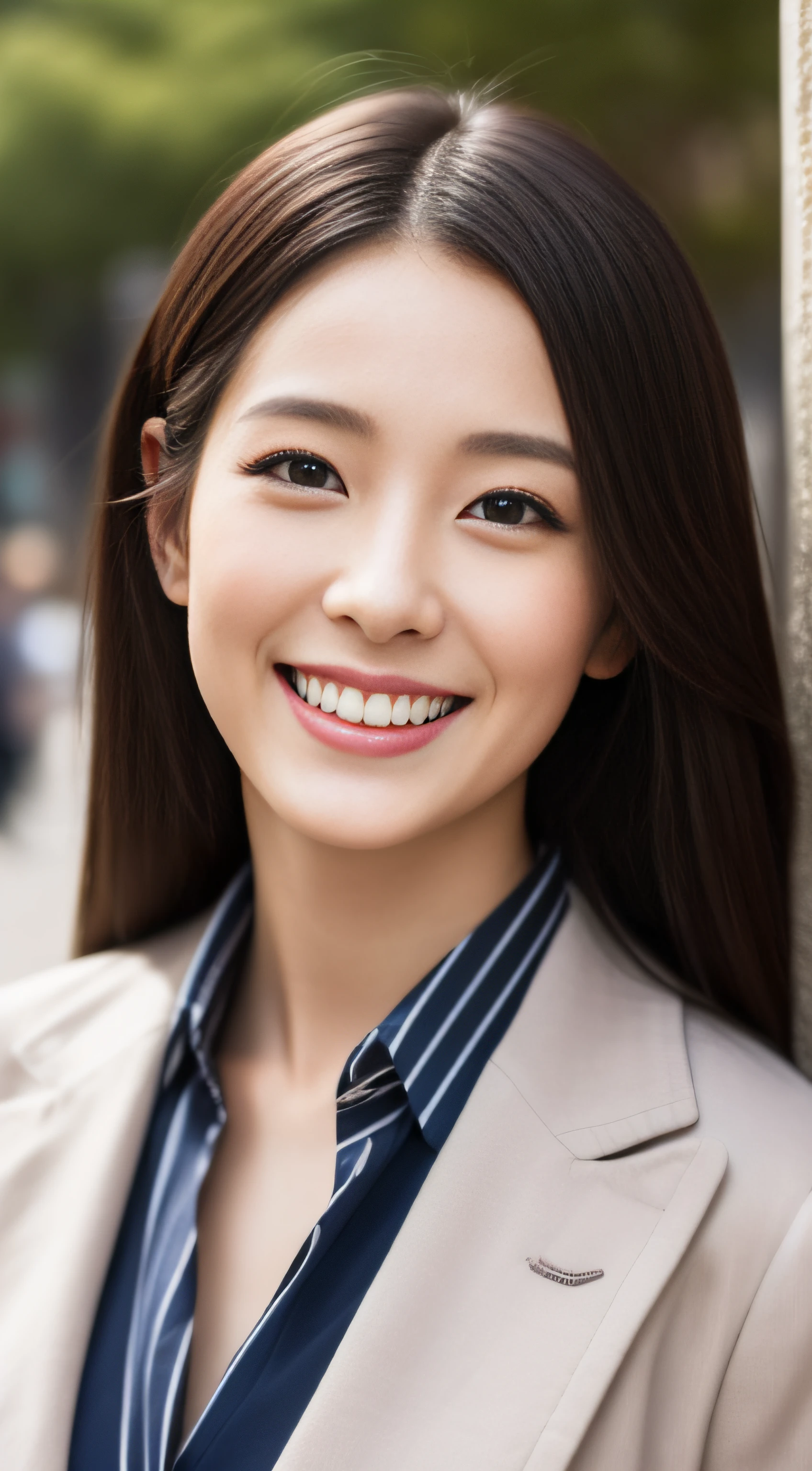Face is an actress、Clothes are jacket suits、hiquality、A hyper-realistic、healthy、Smiling expression、Slender perfect figure、Japan beauties、beautidful eyes、face perfect、Beautiful skin、background is kyoto