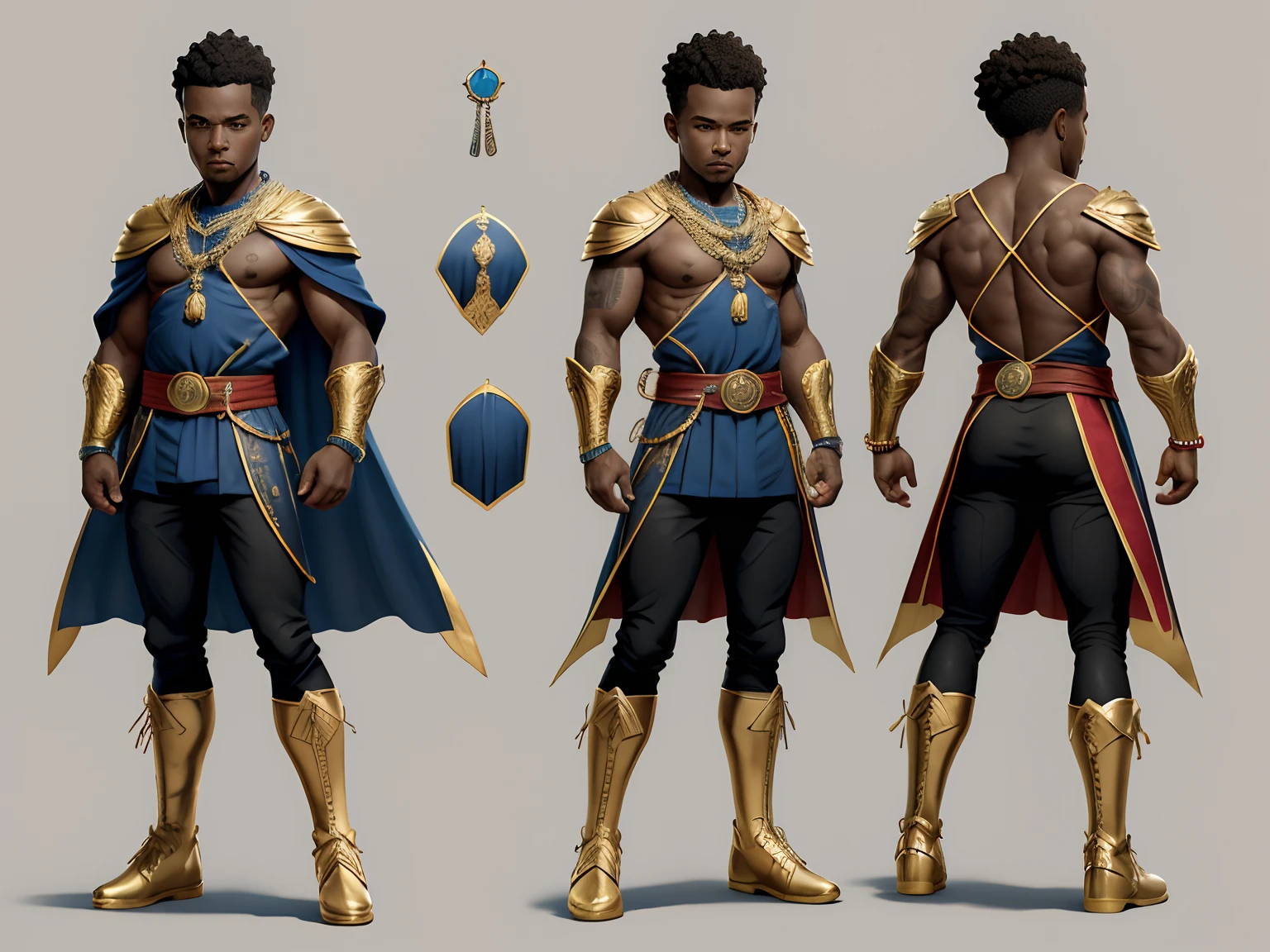 Crie uma imagem masculino idade entre 20, 25, ,de um ninja negro de ,corpo inteiro uma personagem marrons, Diferente, non-miraculous style , ficha de personagem, fundo branco --ar 3:2,, Estilo Art Vista de Corpo Inteiro, plano completo, vista frontal, Vista lateral, vista traseira, de personagem, Multiple views and poses, various points of view, um personagem, corpo inteiro, personagem com menos, estilo de roupa, no mesmo Estilo de cabelo, less Type of footwear, strong full-body vision, plano completo, vista frontal, vista traseira, design de personagem, Multiple views and poses, various points of view, de um personagem, corpo inteiro,, personagem com mesmo, poses de personagem , Depois de um apocalipse no futuro, afro cabelo caindo para frente, Rasta type but braided, corpo inteiro, **Nome do personagem:** Estrela de Cabo Verde **description:** Star of Cape Verde is a hero based on the flag of Cape Verde. His costume incorporates the cores of the flag, com azul profundo representando o oceano, branco simbolizando a paz, red denoting determination and a golden belt with discreet tribal elements that pay homage to Cape Verdean culture. **allure:** - Cores: azul profundo (topo), Branco (peito), vermelho (mangas e pernas) e dourado (cinto). - Dez estrelas douradas representam as 10 principais ilhas de Cabo Verde. - Mantenha o mesmo estilo de roupa, Shortcut and practical footwear in all views. **Personalidade:** corajoso, determined and committed to the protection of Cape Verde. Cape Verde's star is a symbol of pride and hope for the Cape Verdean people. **Poderes e Habilidades:** -Poderes