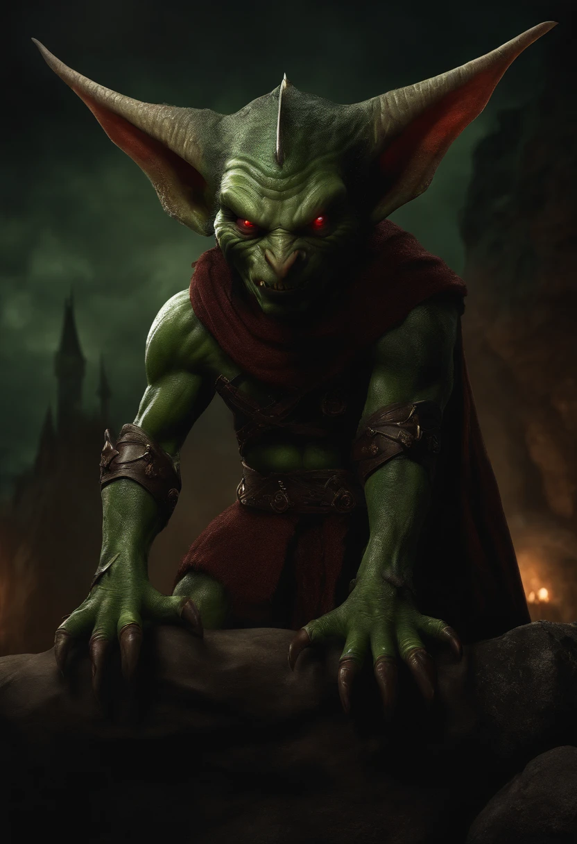 best quality,ultra-detailed,(realistic,photorealistic:1.37),dark fantasy,creature,goblin,fierce expression,sharp teeth,red eyes,green skin,scaly texture,evil grin,pointed ears,curved horns,slimy saliva,medieval,concept art,dark atmosphere,ominous lighting,mysterious shadows,haunting presence