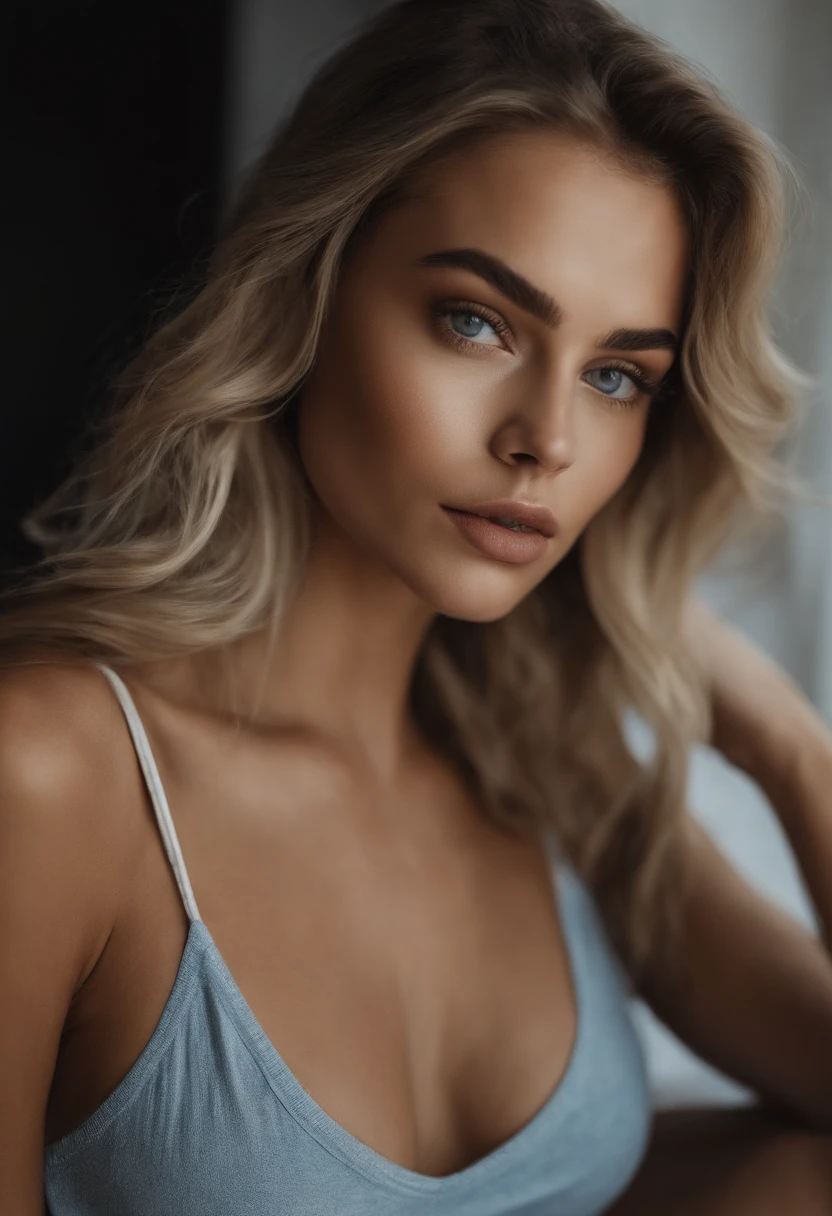 Mujer rubia con camiseta sin mangas y bragas a juego, Chica sexy con ojos azules, Retrato Sophie Mudd, Retrato de Corinna Kopf, cabello rubio y ojos grandes, selfie de una mujer joven, Maquillaje OHNE, Maquillaje natural, looks directly at camera, Cara con Artgram, dezentes Maquillaje, Gran foto de cuerpo entero, in the room, senos grandes, rubio