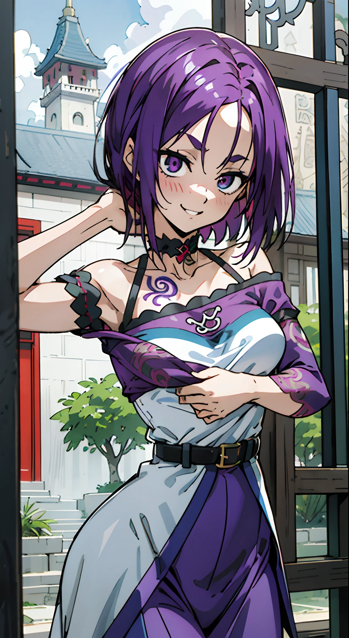 masutepiece, Best Quality, Ultra-detailed, Off-the-shoulder clothing, Colorful,Up-close, Hyper-detailing,purple color hair, Ultra-realistic hair quality, Vibrant colors, Beautuful Women, Beautiful long hair, Shiny hair, detailed hairs, Reo Mikage, Blue Lock, no sleeves, Camisole and cheongsam, dress, lace dress, chinese clothes, Chest exposure, Lace underwear, Metamorphosis is exposed, Choker, Black Choker, arm warmer, frilly arm warmers, gloves, white gloves, short gloves, Relative area, a belt, Sexy breasts, The tattoo, arm tattoos, Dragon tattoo, Tattoo on the wrist, hand tattoo, leggins, Blue Leggings, Bare feet, Sandals, Black sandals, Sitting on the floor, Sitting on the ground, Big breasts, red blush, 1girl in, Solo, Sharp face, Heterochromia, Green eyes, Purple eyes, Bare neck, Happy face