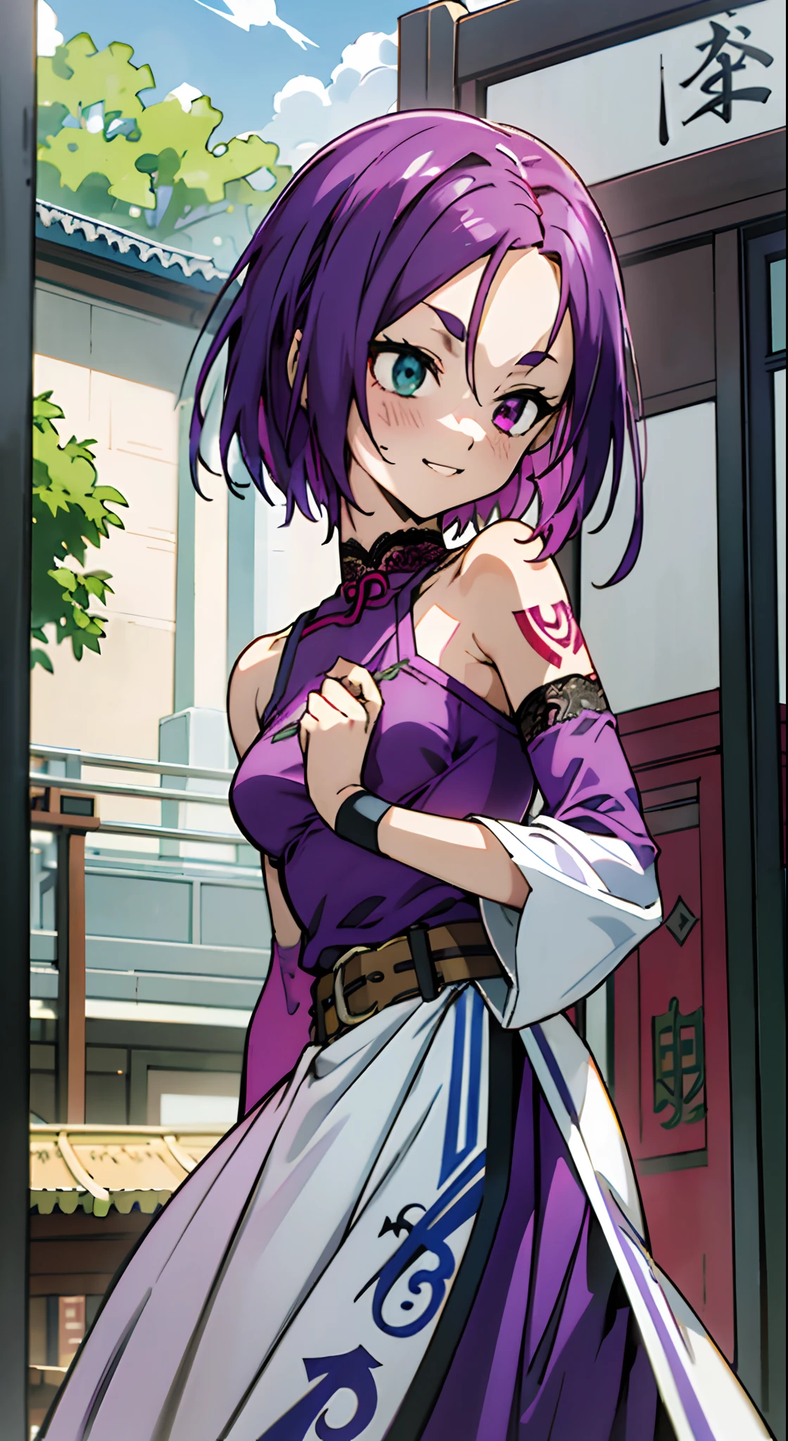 masutepiece, Best Quality, Ultra-detailed, Off-the-shoulder clothing, Colorful,Up-close, Hyper-detailing,purple color hair, Ultra-realistic hair quality, Vibrant colors, Beautuful Women, Beautiful long hair, Shiny hair, detailed hairs, Reo Mikage, Blue Lock, no sleeves, Camisole and cheongsam, chinese clothes, Chest exposure, Lace underwear, Metamorphosis is exposed, Choker, Black Choker, arm warmer, Relative area, a belt, Sexy breasts, The tattoo, arm tattoos, Dragon tattoo, Tattoo on the wrist, hand tattoo, Big breasts, red blush, 1girl in, Solo, Sharp face, Heterochromia, Green eyes, Purple eyes, Bare neck, Happy face, rays of sunshine, Brave Sky, shining sky, Shanghai Village, castle