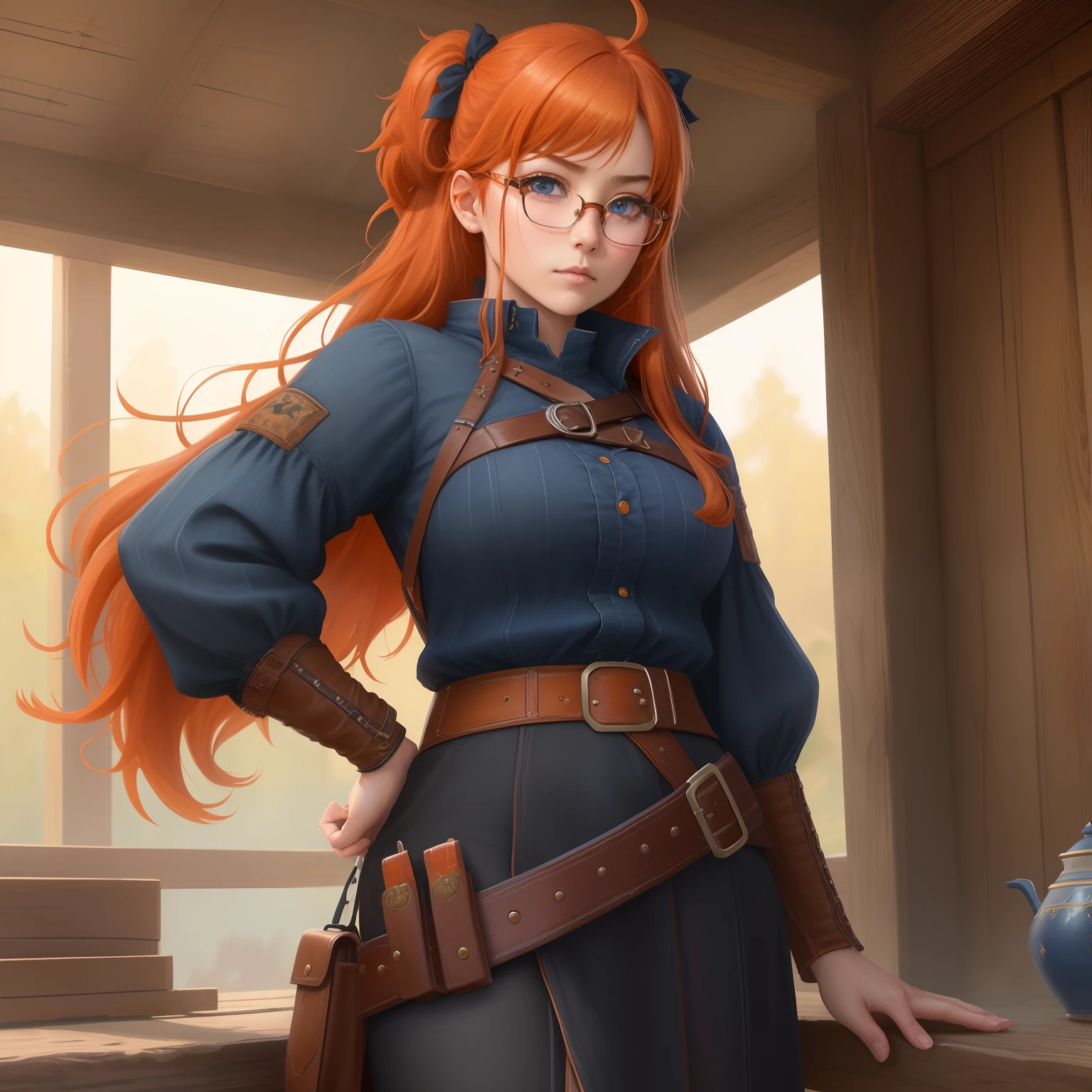 8k, masterpiece, best quality, realistic, higly detailed, cowboy shot, 1girl, solo, itsuki, serious looking girl, medium-length hair, expressive ahoge, reddish-orange hair, a pair of star-shaped hairpins near both of her eyes, dark blue eyes, average height, well-endowed figure, glasses, cute, rogue