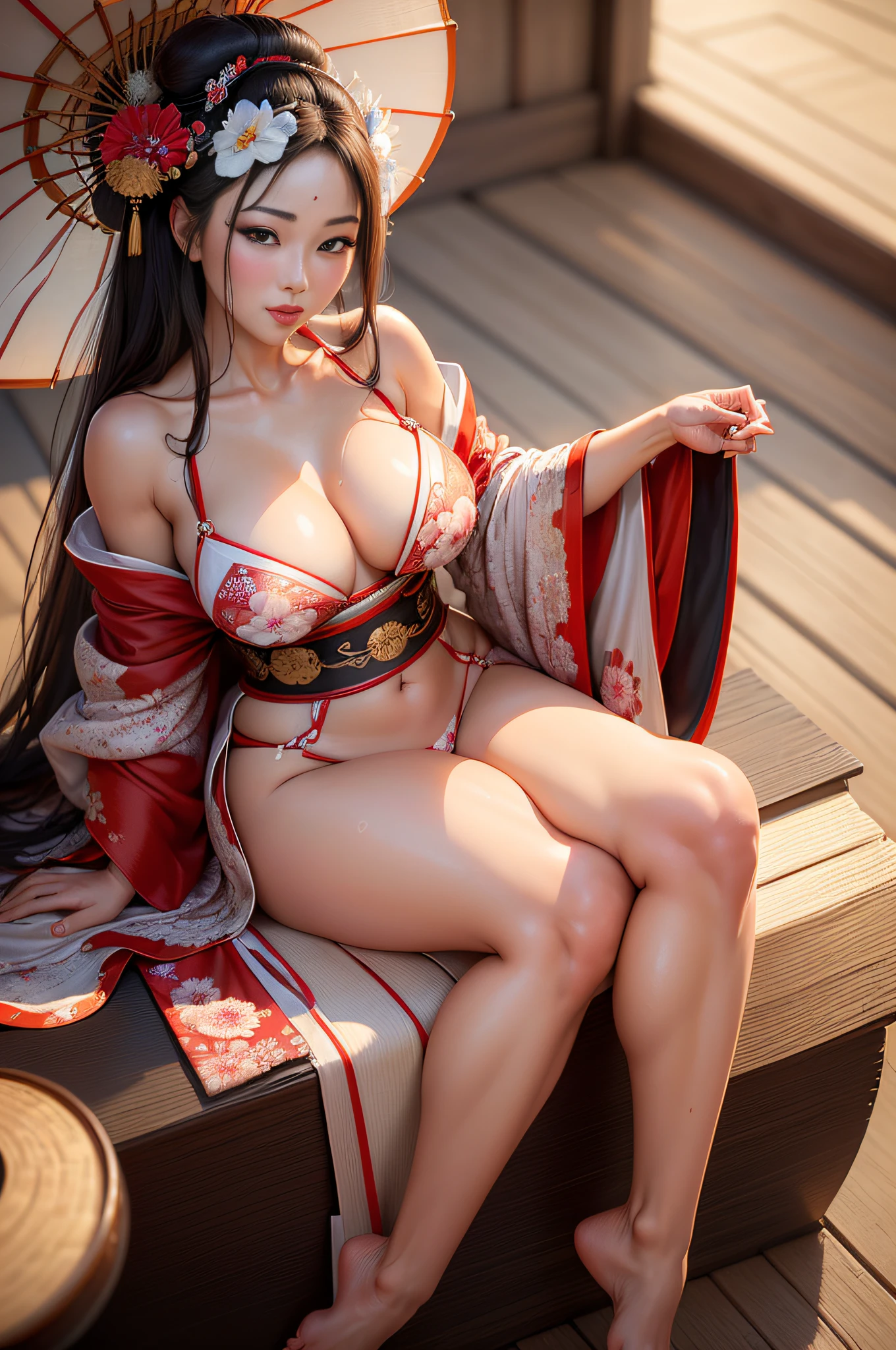 ((hyperrealistic, photorealistic, 8k, intricate details, in perspective)) a beautiful geisha (hot,  very hot, goddess), with flowing hair, full lips, full breasts, silky skin, sweaty, wearing a kimono bikini, barefoot, is sitting sideways s  howing off her beautiful legs (thighs ) and smiling.