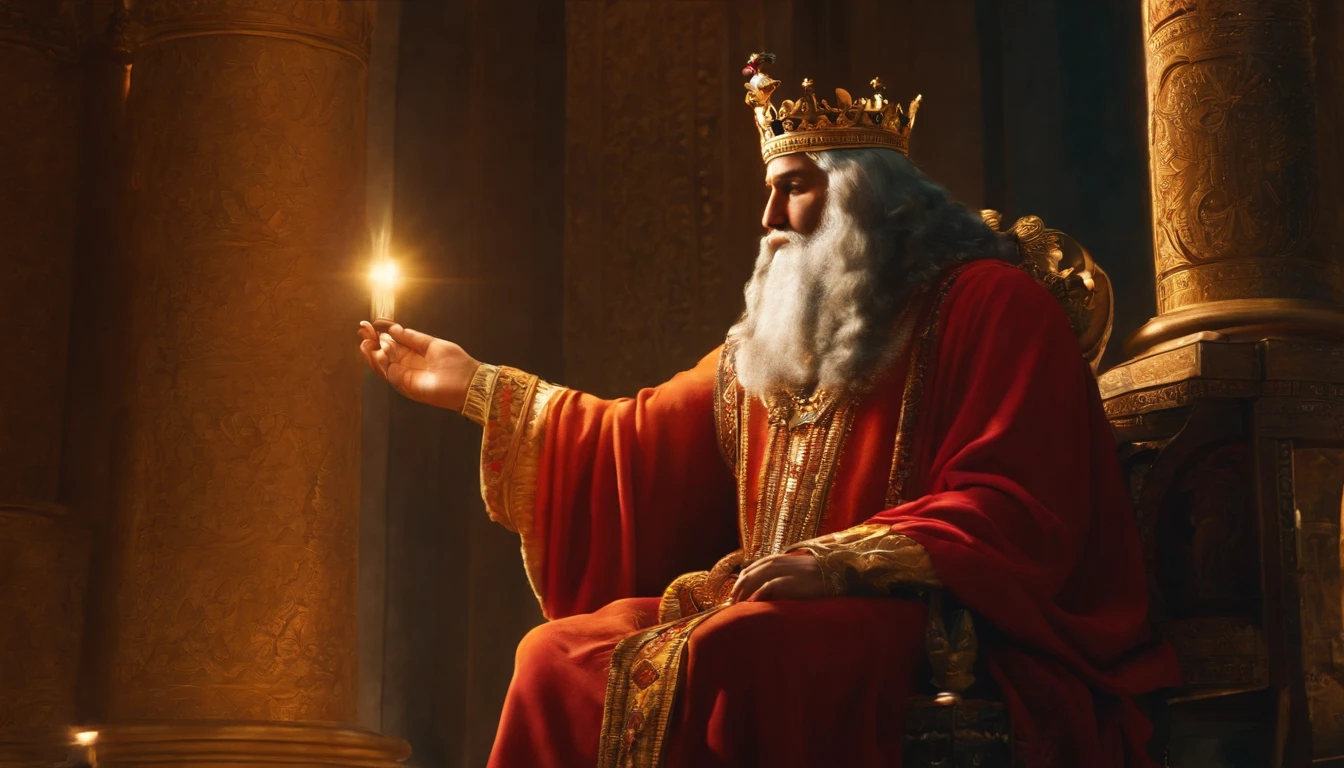 a old man,The king,senility,wearing king's robes,Wearing a crown,Long white beard,Long white hair,messy hair,neglected,A thin body,Sick,look of anguish,sitting on an royal throne,The background is a small dark room