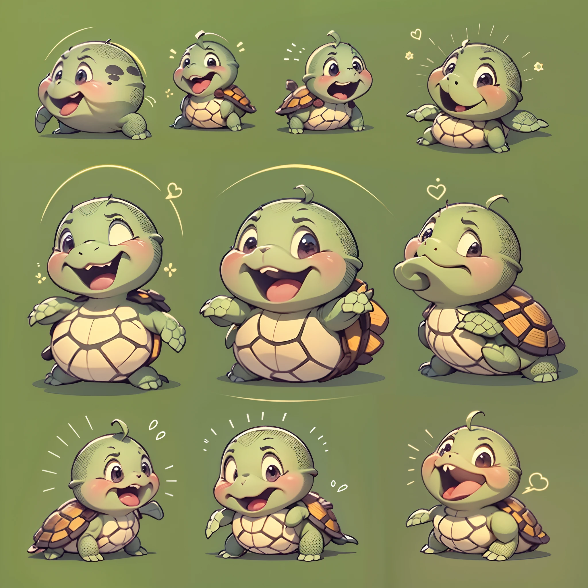 Little turtle,Exaggerated memes,(9 emojis,emoji sheet of,Align arrangement),9 poses and expressions(grieves,irate,having fun,Dumb cute,adolable,doubt,Sleepy,Hungry,Cry),anthropomorphic turtle,Disney style,a color,Different expressions,8K