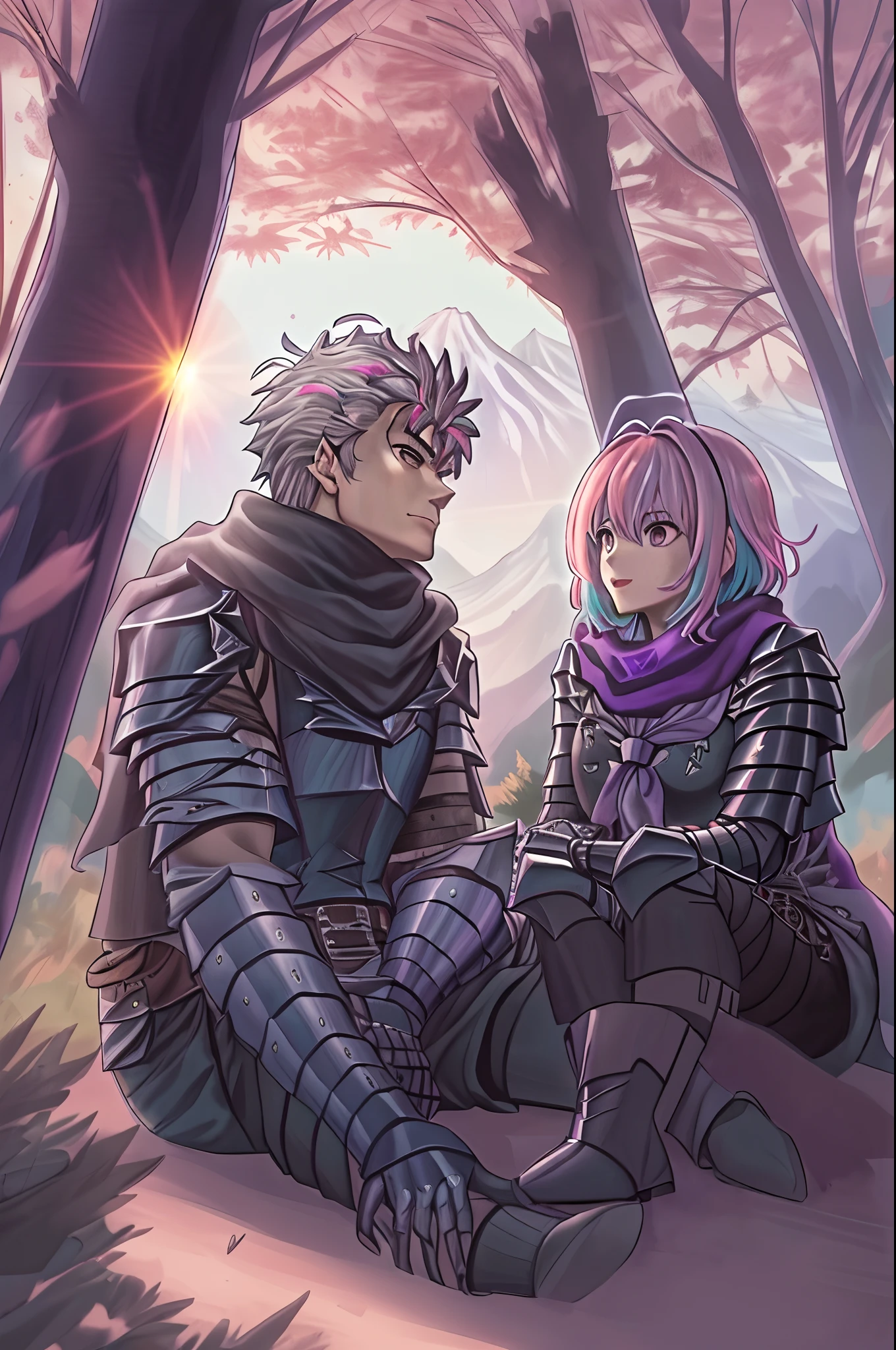 guts and riamu, 1girl, 1boy, (best quality, beruka, gauntlets), armor, purple scarf, black gloves, pants, boots, bandana on the head, sitting, in front, trees, mountain, beautiful scenery in the background, soft sunset, subtle reflections on the ground., happy, couple