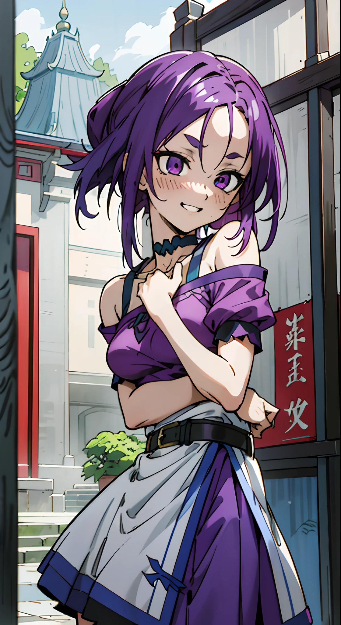 masutepiece, Best Quality, Ultra-detailed, Off-the-shoulder clothing, Colorful,Up-close, Hyper-detailing,purple color hair, Ultra-realistic hair quality, Vibrant colors, Beautuful Women, Beautiful long hair, Shiny hair, detailed hairs, Reo Mikage, Blue Lock, no sleeves, Camisole and cheongsam, chinese clothes, Chest exposure, Lace underwear, Metamorphosis is exposed, Choker, Black Choker, arm warmer, Relative area, a belt, Sexy breasts, The tattoo, arm tattoos, Dragon tattoo, Tattoo on the wrist, hand tattoo, Big breasts, red blush, 1girl in, Solo, Sharp face, Heterochromia, Green eyes, Purple eyes, Bare neck, Happy face, rays of sunshine, Brave Sky, shining sky, Shanghai Village, castle