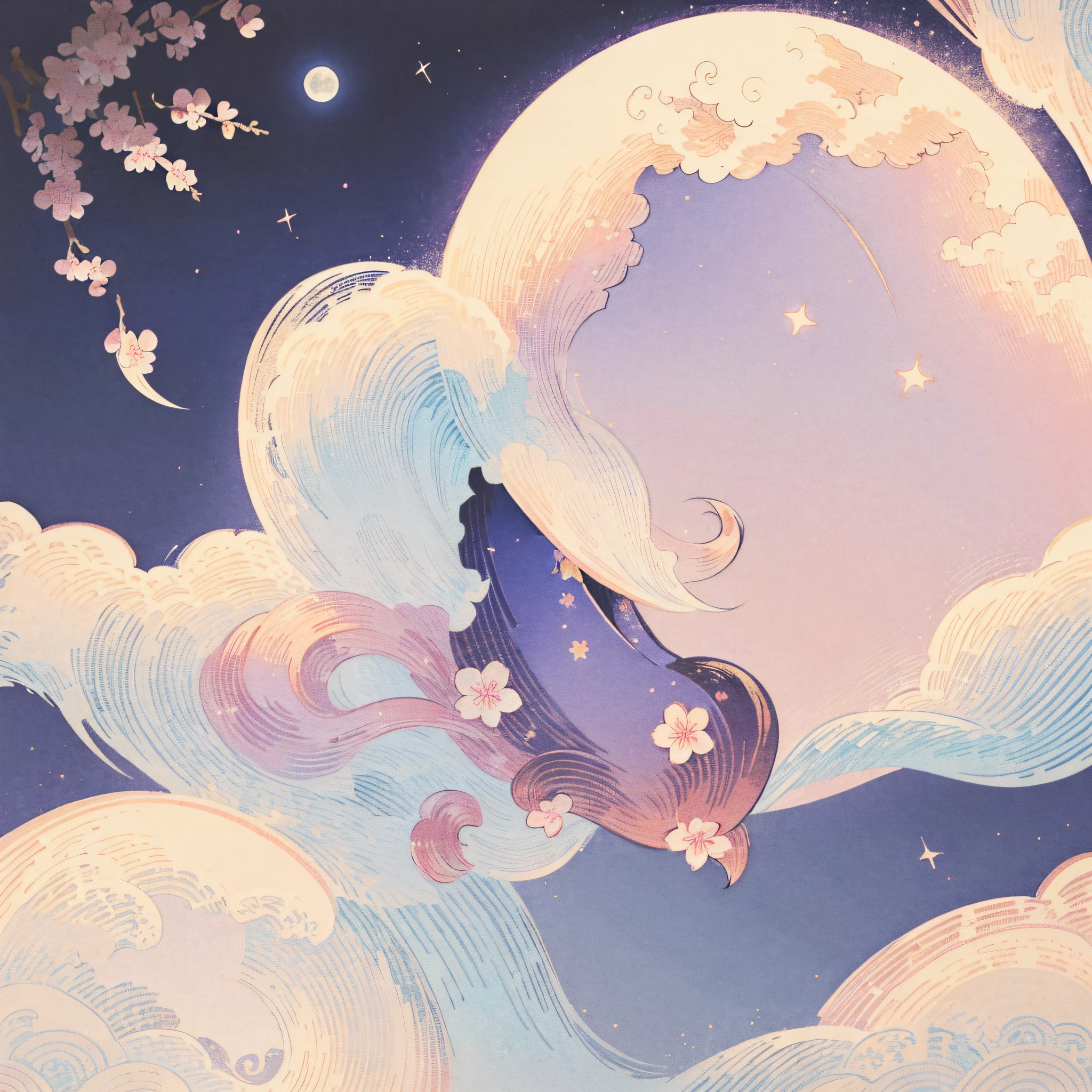 1 sticker, sticker, nikkaze, (cute girl), (gorgeous kimono), (gorgeous hair accessory), (Japanese traditional hairstyle), cherry blossoms, clouds, behind is a huge round moon, stars, white background, no background, simple background, minimal, cute, tiny, pastel color, vector style, no gradient --auto