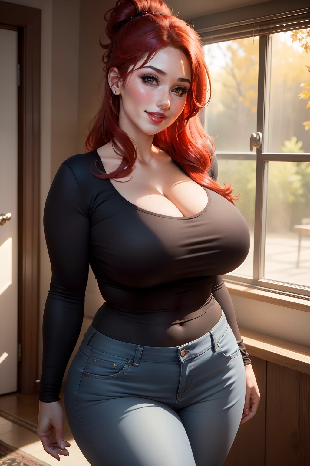 Lucy Pinder, portrait, Face portrait, red lips, smiling, cleavage, Voluptuous woman, Chubby woman, straight hair, Red hair, Hair tied all in a bun, long sleeve t-shirt, black t-shirt, Long jeans.