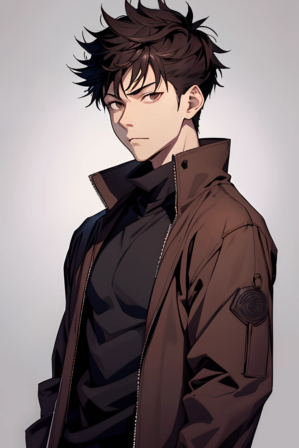 1 boy, dark brown hair, brown eyes, Jujutsu Kaisen styled clothes, looks inspired by Itadori Yuji