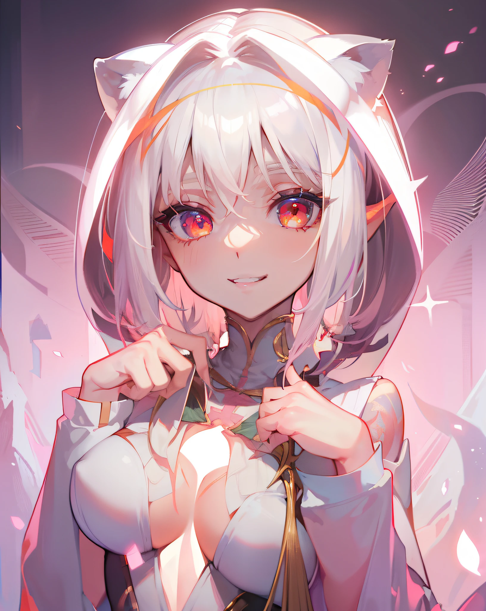 DETAILED, DENSE, MASTERPIECE, one girl, beautiful, 22 years old, smooth skin, glowing skin, glowing hair, clear eyes, glowing eyes, red eyes, soft lips,(viewer Looking down: 0. 8) smiling slightly, cheeks stained, mouth open, one girl, soft skin, large breasts, glowing skin, (Masterpiece: 1.0), (Realistic: 1.6), (Soft Focus: 1.5), albino, white hair, horns, full body, big lips, sexy face, sharp eyes, grin, skinny waist, (((skinny waist))), pastel pink jacket, red tips at the end of hair, long pointy fox ears, res stripe tattoo under eyes, fang,