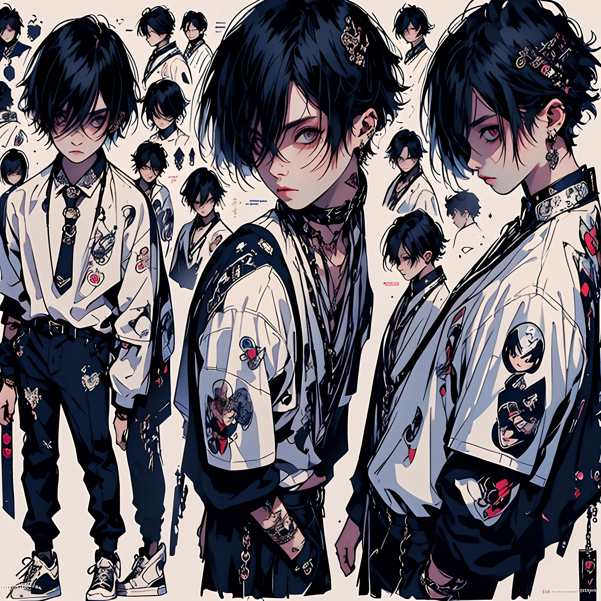 (masterpiece, best quality), 1boy, beautiful face, collared shirt, white shirt, necktie, character design, no watermark, --niji 5, emo style clothing, y2k, character sheet, fine detailed eyes, character sheet, full body character sheet, spreadsheet
