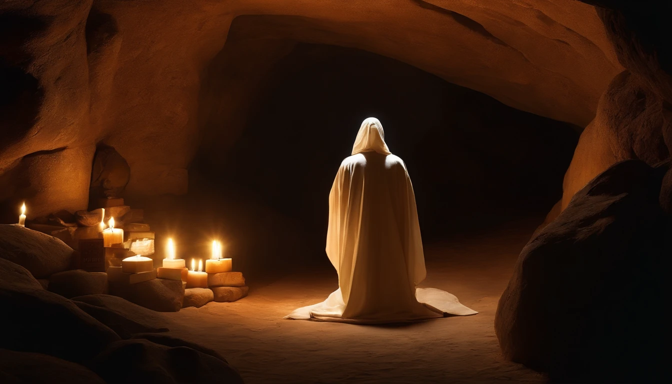 (best quality, ultrarealistic: 1.37), Roman Catholic monk, in a cave, books, bibles and scrolls, serene expression, vibrant colors, majestic lighting, sunlight streaming through the cave entrance, detailed cloak and hood, devotional atmosphere, silent prayer, candlelit altar, vibrant colors of religious icons, solemn and contemplative demeanor, subtle texture of the stone walls, highly detailed hand gestures, soft rays of sunlight illuminating the cave, meticulous attention to facial features that must be intricate, exquisite details on religious artifacts and symbols, peace and serenity, harmony between light and shadow.