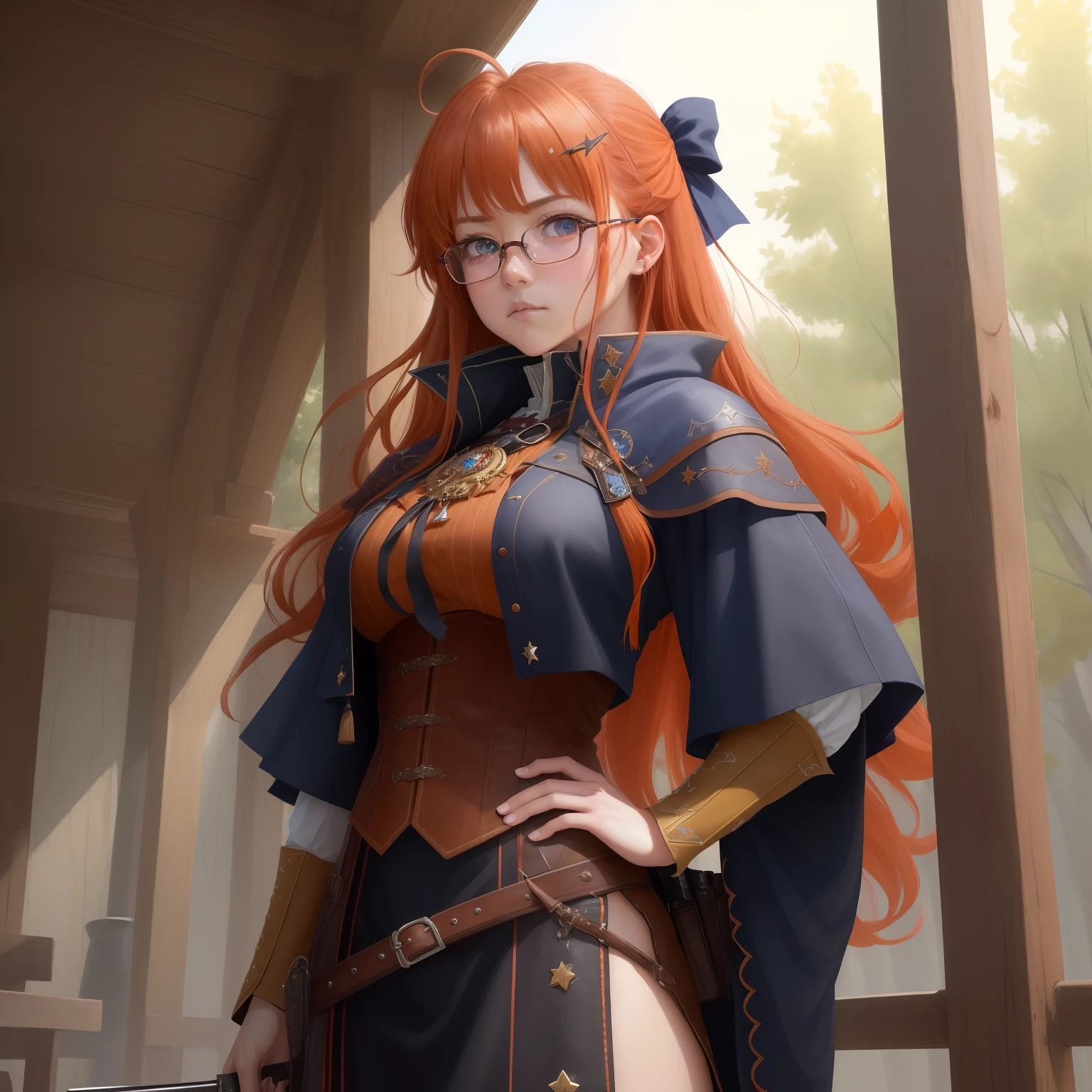 8k, masterpiece, best quality, realistic, higly detailed, cowboy shot, 1girl, solo, itsuki, serious looking girl, medium-length hair, expressive ahoge, reddish-orange hair, a pair of star-shaped hairpins near both of her eyes, dark blue eyes, average height, well-endowed figure, glasses, cute, warlock