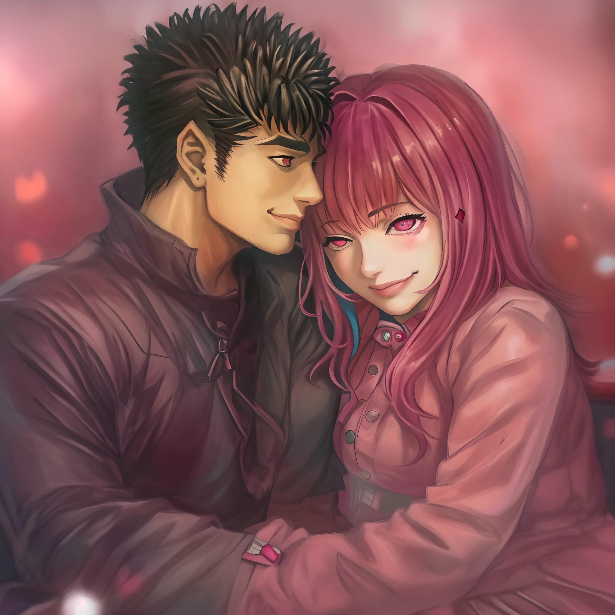 riamu,guts,couple,husband and wife,love dovey couple,sitting,hug,kiss,smile,masterpiece:1.2,ultra-detailed,realistic:1.37,portraits,vivid colors,warm tones,soft lighting