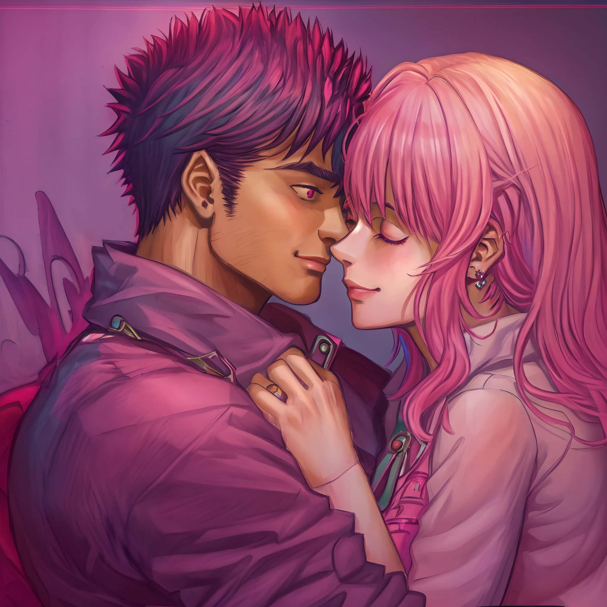 riamu,guts,couple,husband and wife,love dovey couple,sitting,hug,kiss,smile,masterpiece:1.2,ultra-detailed,realistic:1.37,portraits,vivid colors,warm tones,soft lighting