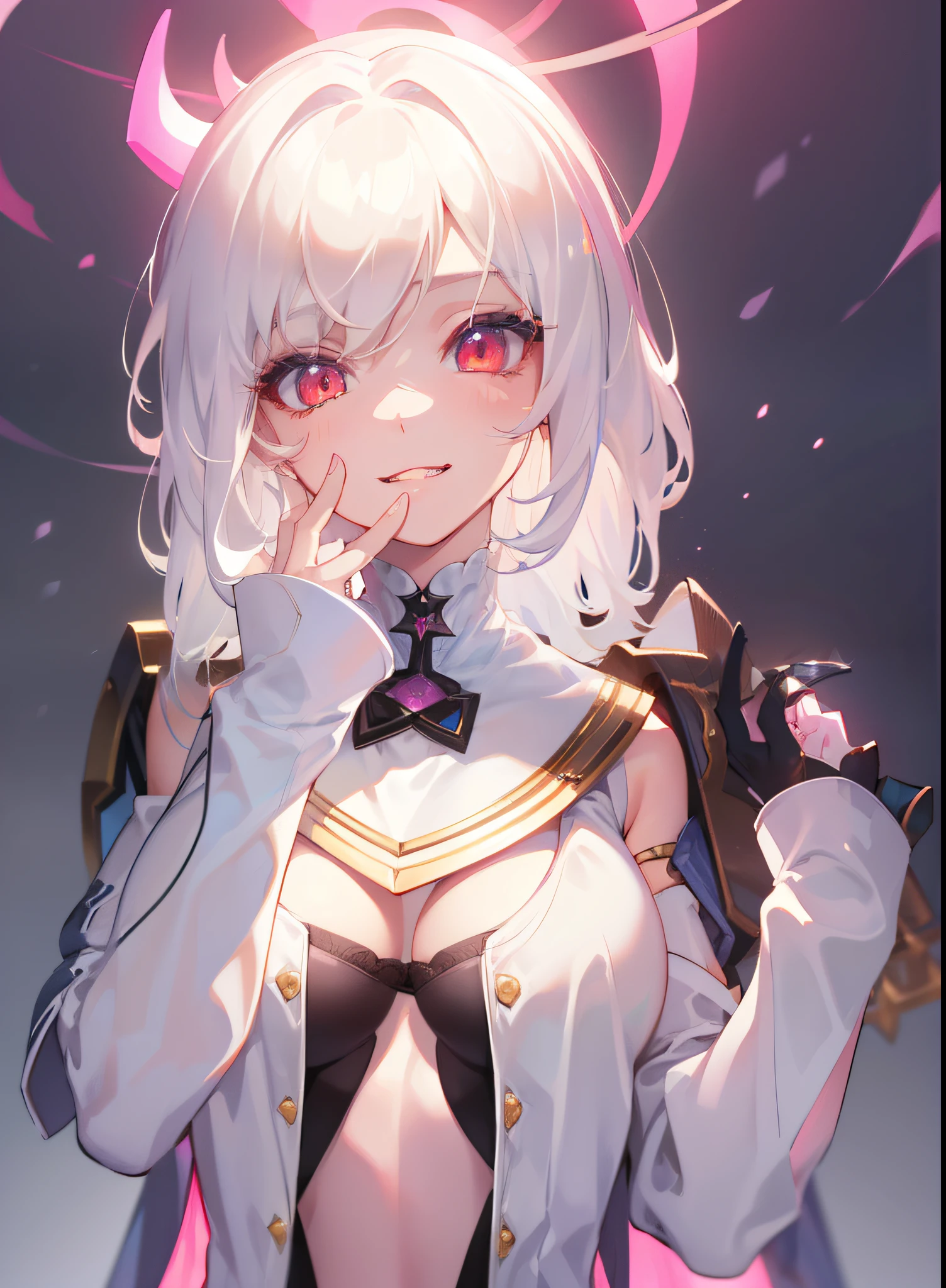 DETAILED, DENSE, MASTERPIECE, one girl, beautiful, 22 years old, smooth skin, glowing skin, glowing hair, clear eyes, glowing eyes, red eyes, soft lips,(viewer Looking down: 0. 8) smiling slightly, cheeks stained, mouth open, one girl, soft skin, large breasts, glowing skin, (Masterpiece: 1.0), (Realistic: 1.6), (Soft Focus: 1.5), albino, white hair, horns, full body, big lips, sexy face, sharp eyes, grin, skinny waist, (((skinny waist))), pastel pink jacket,