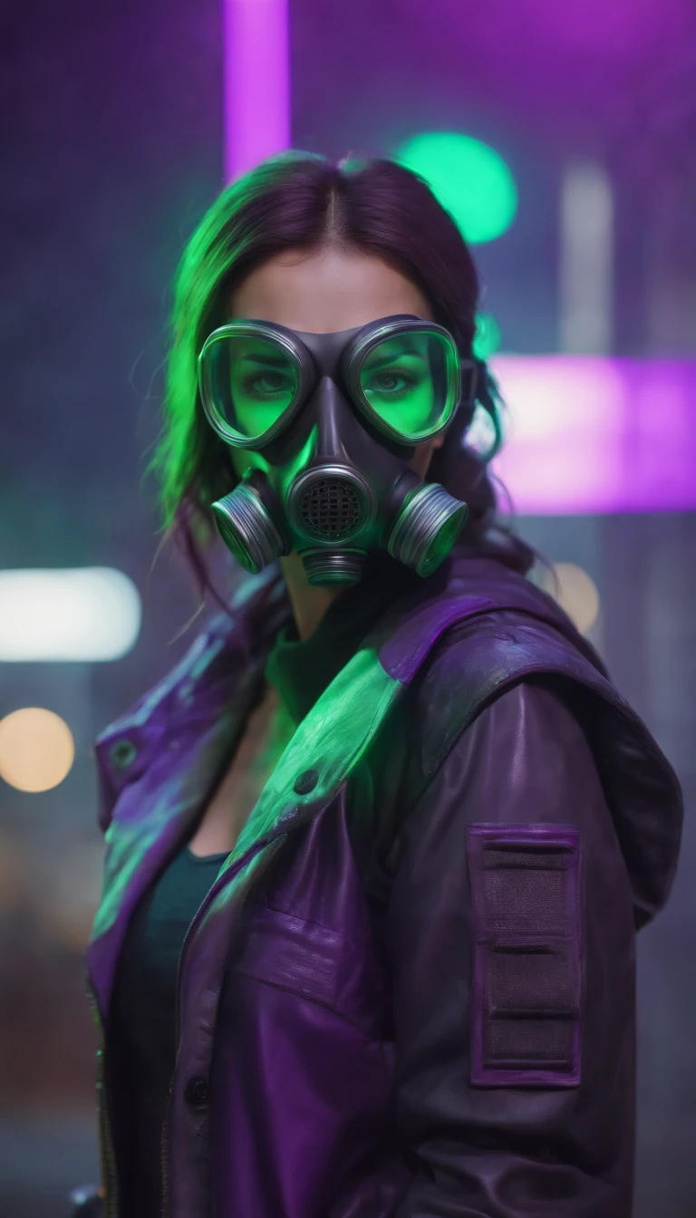 3D illustration of a frontal view of a cyberpunk girl in futuristic gas mask with protective green glasses and filters in sleek purple EL wire jacket standing in a night scene with air pollution