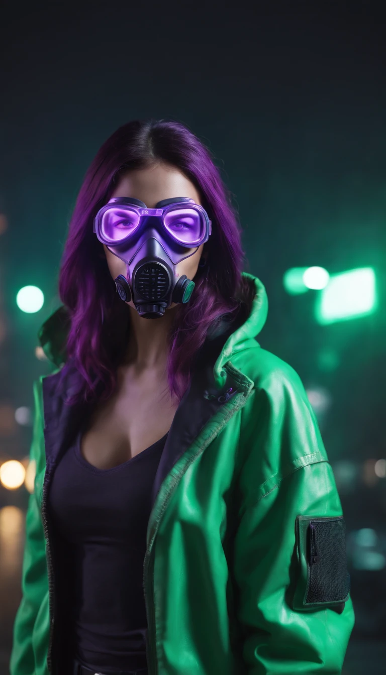 3D illustration of a frontal view of a cyberpunk girl in futuristic gas mask with protective green glasses and filters in sleek purple EL wire jacket standing in a night scene with air pollution