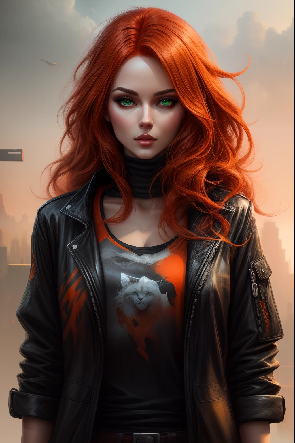 there is a woman with orange hair and a black jacket, green eyes, stunning digital illustration, realistic artstyle, stylized urban fantasy artwork, orange and black tones, beautiful digital illustration, artwork in the style of guweiz, realism artstyle, detailed character portrait, deviantart artstation cgscosiety, cgsociety portrait, orange skin and long fiery hair, gorgeous digital painting