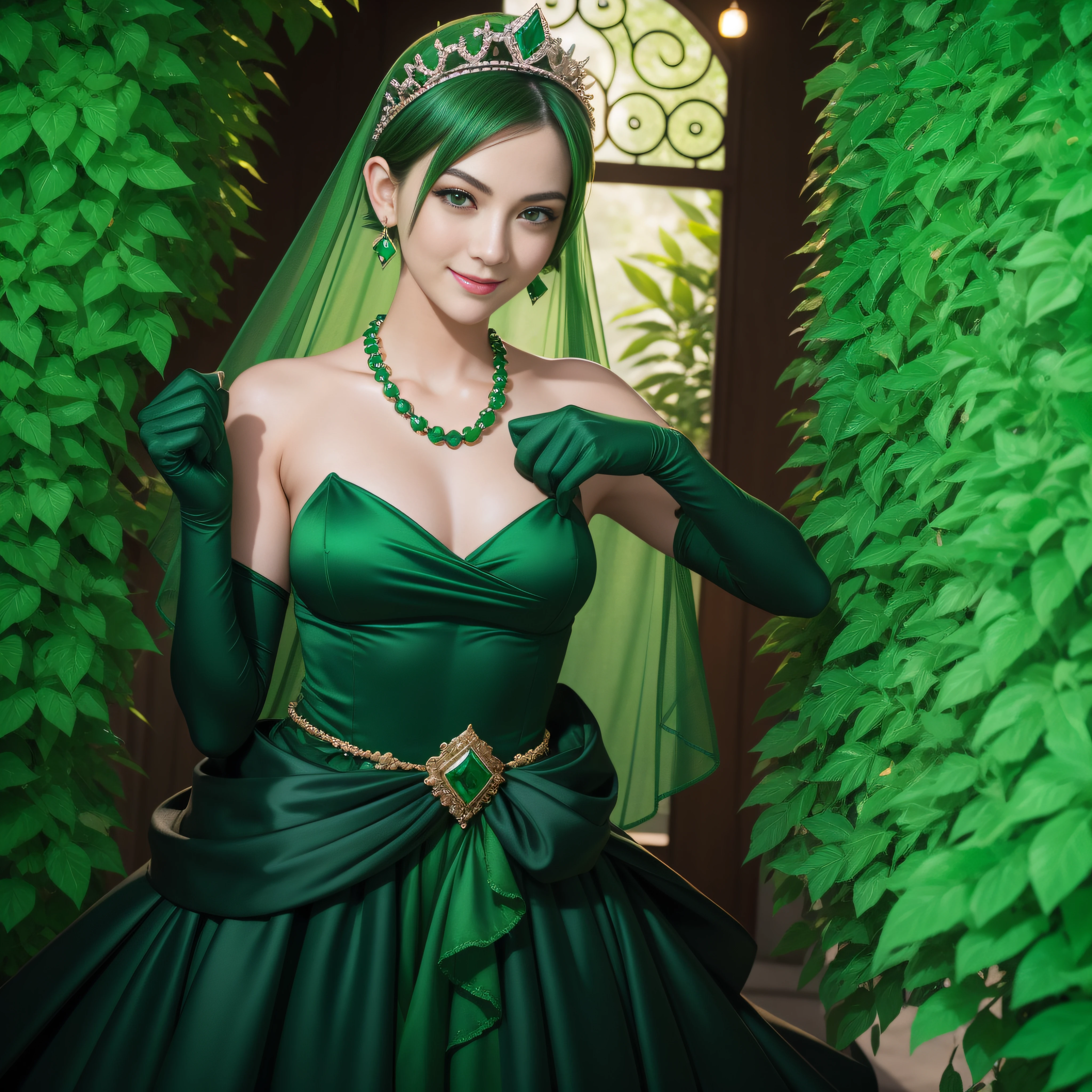 emerald tiara, Green Pearl Necklace, Boyish very short green hair, lipsticks, Japan woman smiling, very short short hair, fist, big breasts beautiful, Green eyes, Long green gloves made of satin material, Green eyes, Emerald Earrings, Holding a sword in both hands
