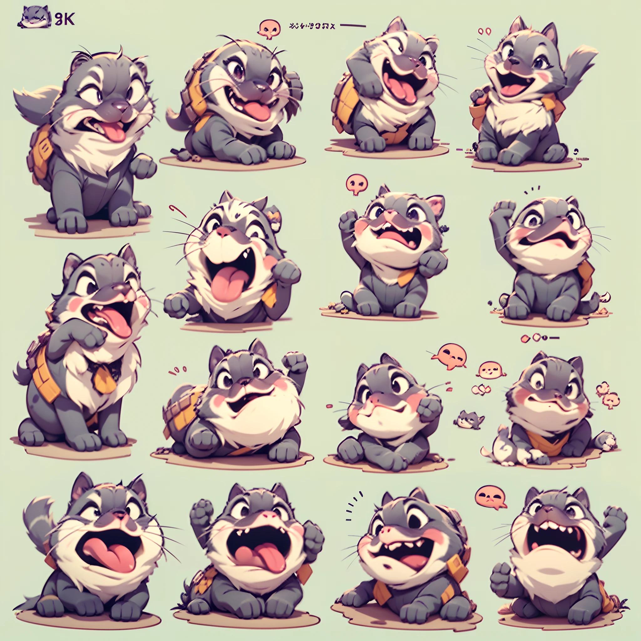 Huskies，Emoticon pack，（9 emojis，emoji sheet of，Align arrangement），9 poses and expressions（grieves，irate，having fun，Dumb cute，adolable，doubt，Sleepy，Hungry，CRIT），anthropomorphic turtle，Disney  style，a color，Different expressions，8K