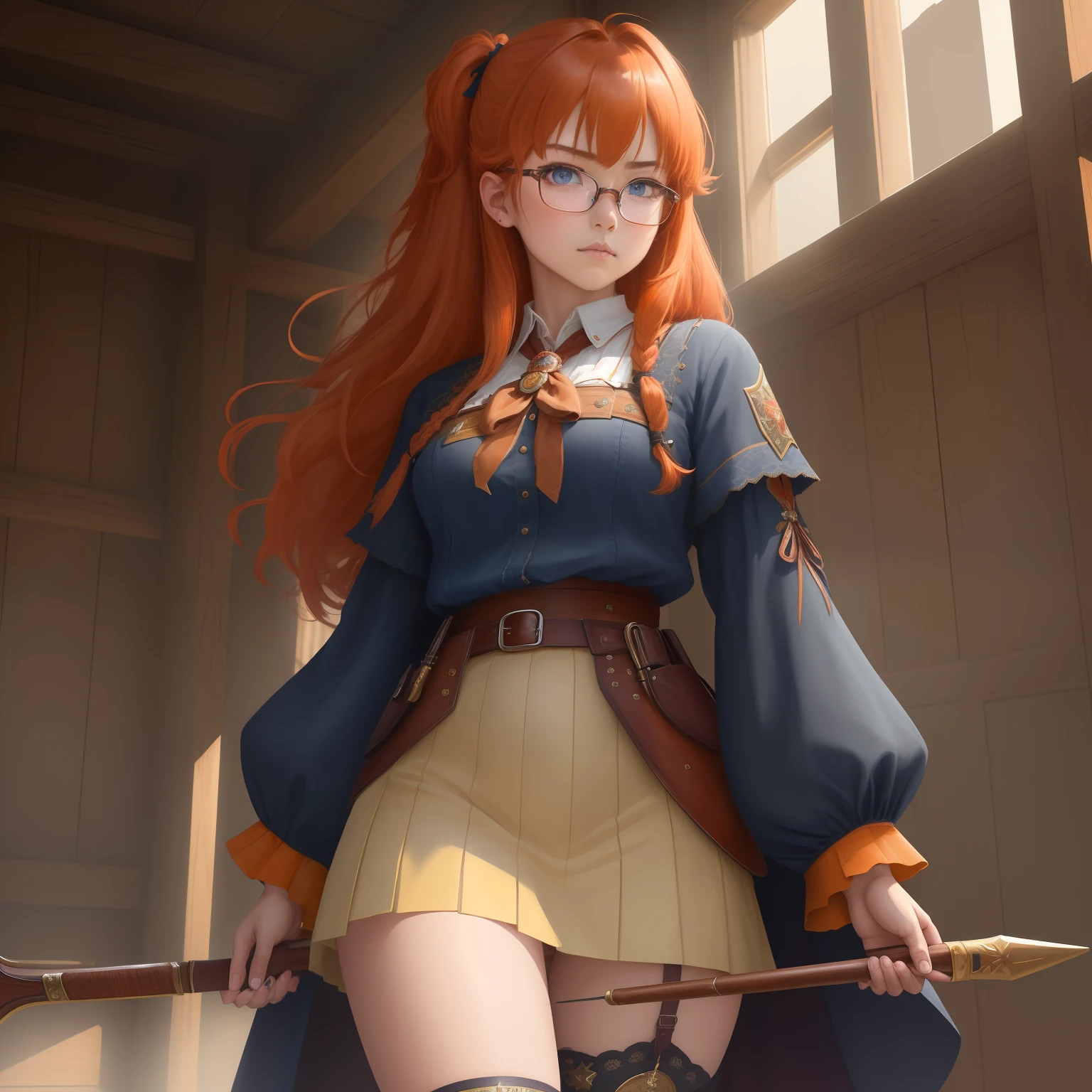 8k, masterpiece, best quality, realistic, higly detailed, cowboy shot, 1girl, solo, itsuki, serious looking girl, medium-length hair, expressive ahoge, reddish-orange hair, a pair of star-shaped hairpins near both of her eyes, dark blue eyes, average height, well-endowed figure, glasses, cute, wizard