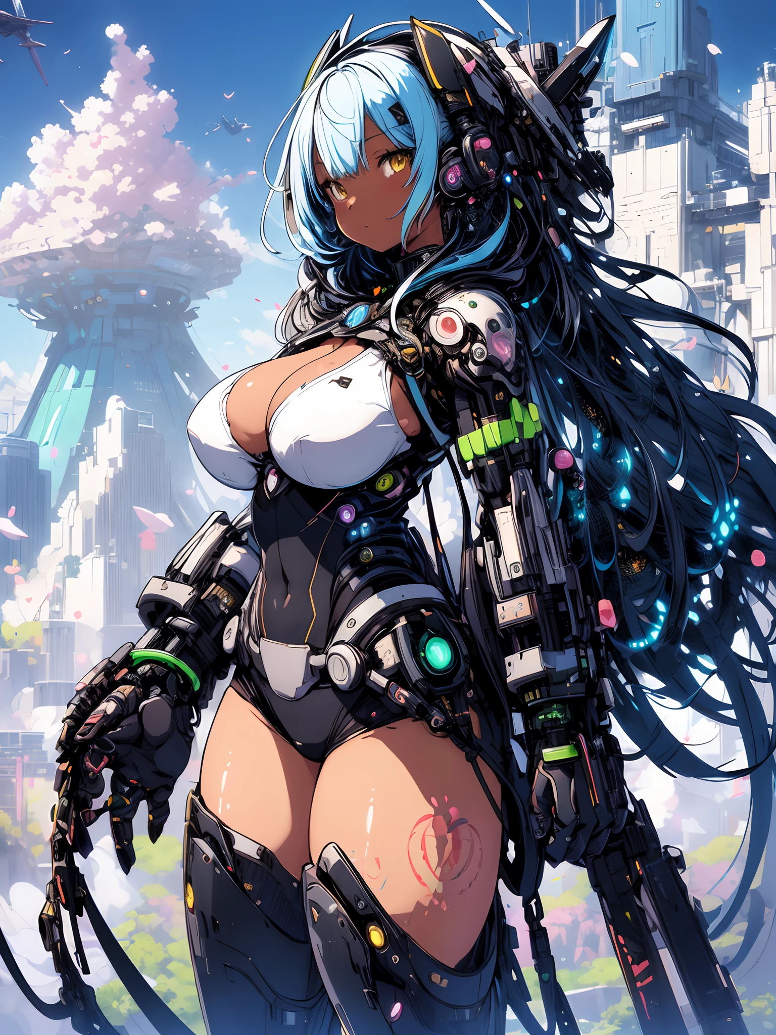 The most beautiful and sexy mecha warrior girl, rainbow colored hair, yellow eyes, dark african skin, wearing a highly detailed futuristic hooded mecha battle armor, mechanical angel wings, huge enormously gigantic tits, cleavage showing, tons of tattoos and piercings, in hyper futuristic city metropolis, cherry blossoms blowing in the wind, highly detailed background, absurdres, highres, ultra detailed, (cute illustration:1.5), (cute,kawaii,sweet:1.2),
(1girl:1.4), bodysuit, cyborg girl,
hyper gigantic mechanical hands,dynamic pose, 
nice hands, perfect hands, incredibly cinematic, best quality, best resolution
