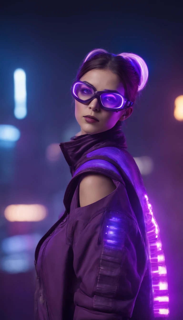 3D illustration of a frontal view of a cyberpunk girl in futuristic mask with protective glasses and filters in elegant purple EL wire jacket standing in a night scene with air pollution