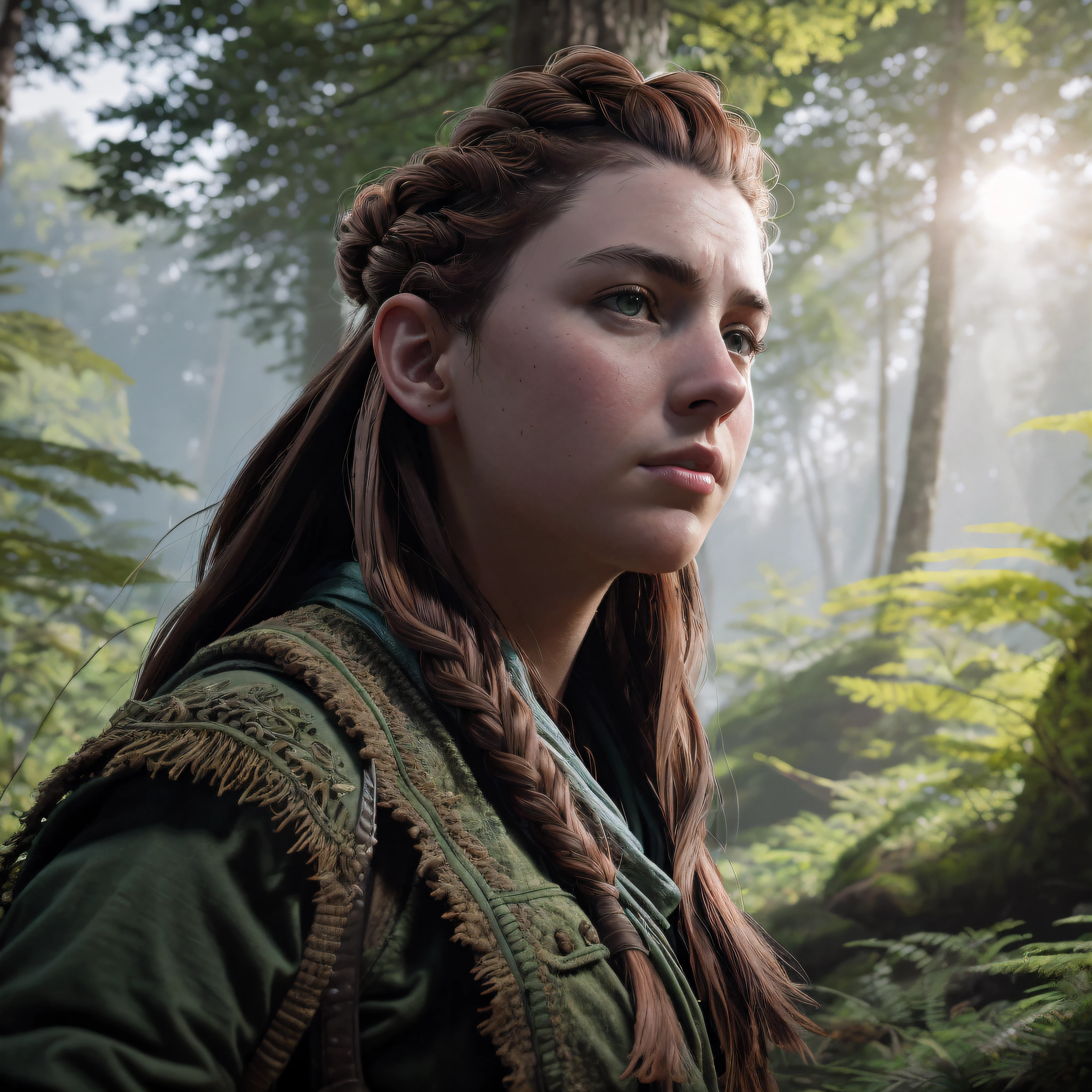 photo of aloy in forest, holding bow, masterpiece, best quality, highest quality, cinematic lighting, (volumetric lighting), extremely detailed CG unity 8k wallpaper, focused, 8k wallpaper, 4k wallpaper, extremely detailed, ultra realistic, photorealistic, sharp focus, HDR, (high contrast), photograph, detailed and intricate, instagram, portrait, highly detailed, sharp focus, illustration, cinematic lighting