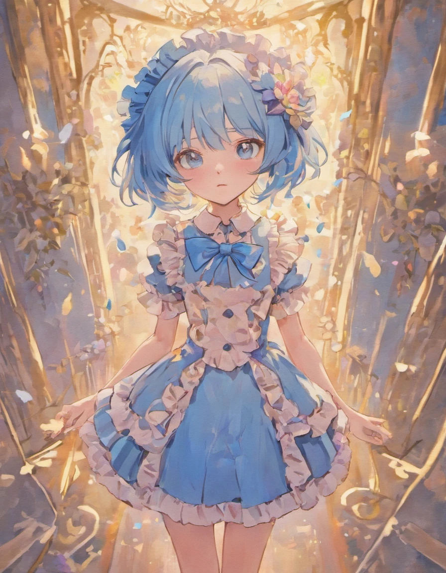 Doll, male, frilly clothing, pastel colors, blue eyes, slim frame, masterpiece, high quality, flowers
