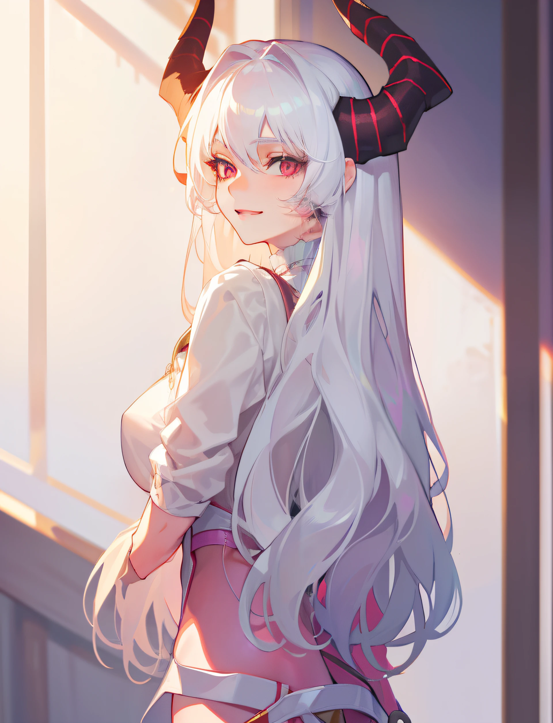 DETAILED, DENSE, MASTERPIECE, one girl, beautiful,  22 years old, smooth skin, glowing skin, glowing hair, clear eyes, glowing eyes, red eyes, soft lips,(viewer Looking down: 0. 8) smiling slightly, cheeks stained, mouth open, one girl, soft skin, large breasts, glowing skin, (Masterpiece: 1.0), (Realistic: 1.6), (Soft Focus: 1.5), albino, white hair, horns, full body, big lips, sexy face, sharp eyes, grin, skinny waist, (((skinny waist))), pastel pink jacket,