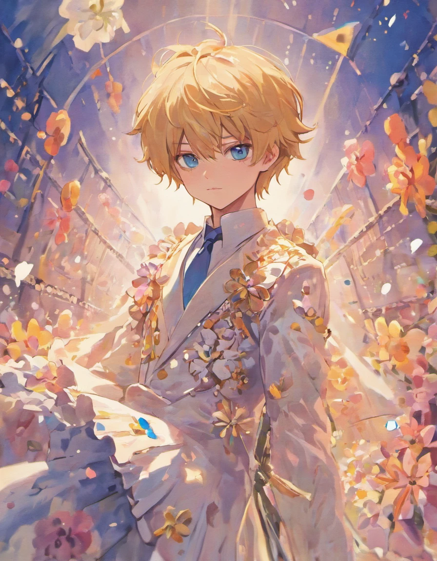 Doll, young male, dandy style, frilly clothing, pastel colors, blue eyes, slim frame, masterpiece, high quality, flowers,