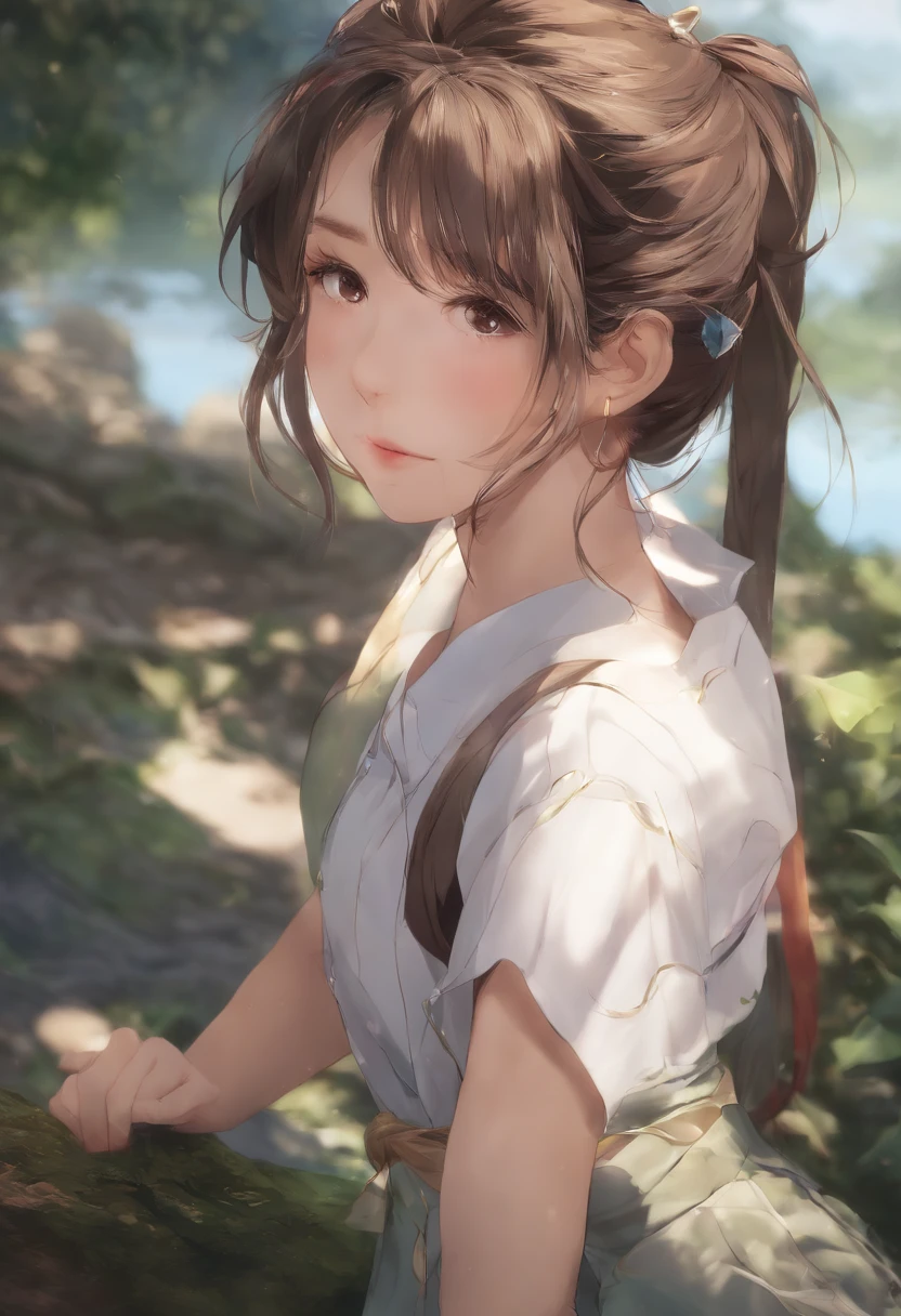 1girl, idolmaster, Close-up, 鎖骨, ,, fotografia, Film, profundidade de campo, textura da pele, camiseta, elastic, Topknot, cabelos longos, messy hair, Sardas,