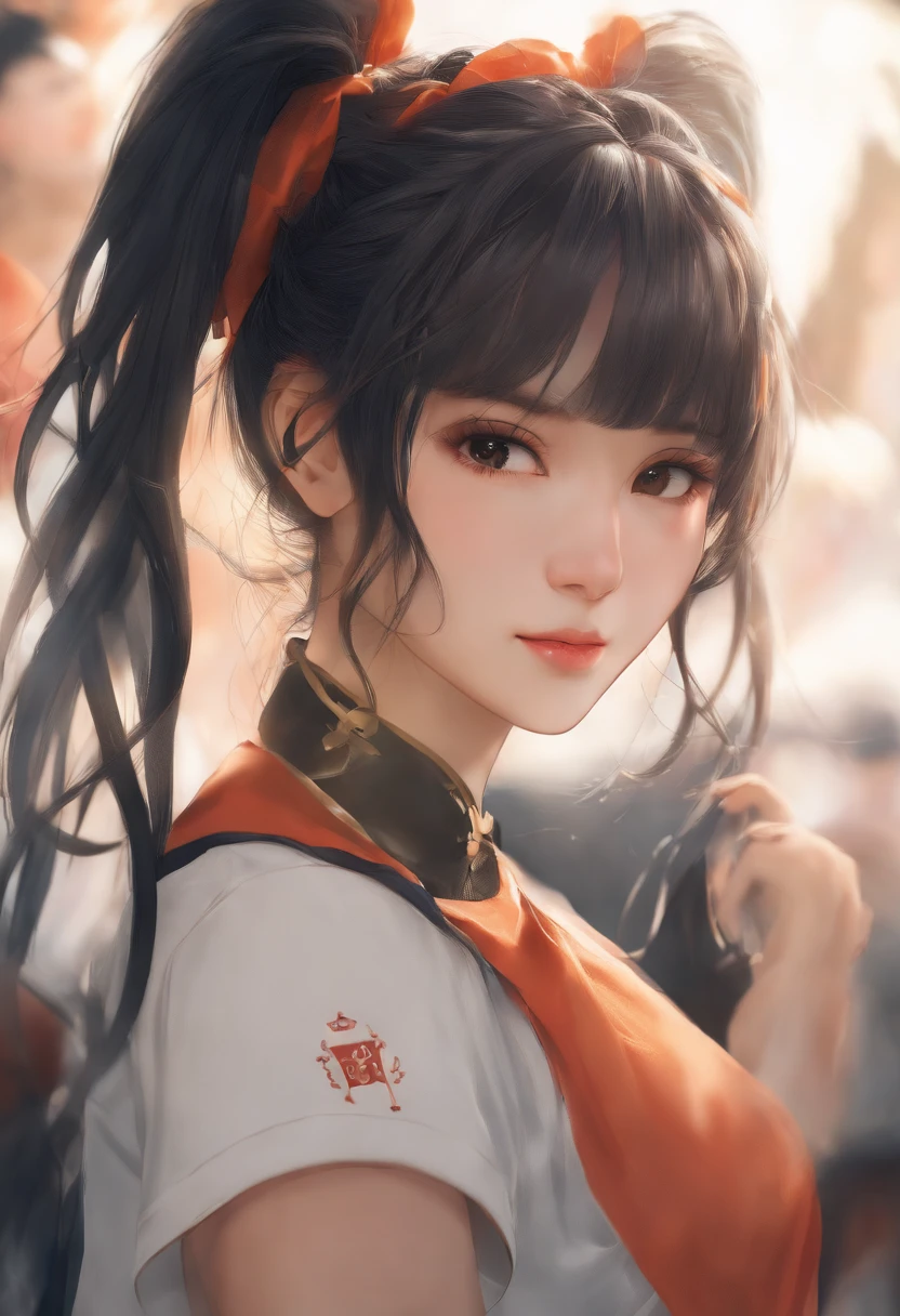 1girl, idolmaster, Close-up, 鎖骨, ,, fotografia, Film, profundidade de campo, textura da pele, camiseta, elastic, Topknot, cabelos longos, messy hair, Sardas,