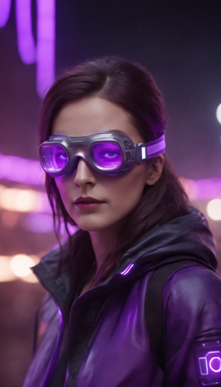 3D illustration of a frontal view of a cyberpunk girl in futuristic mask with goggles and filters in elegant purple EL wire jacket standing in a night scene with air pollution